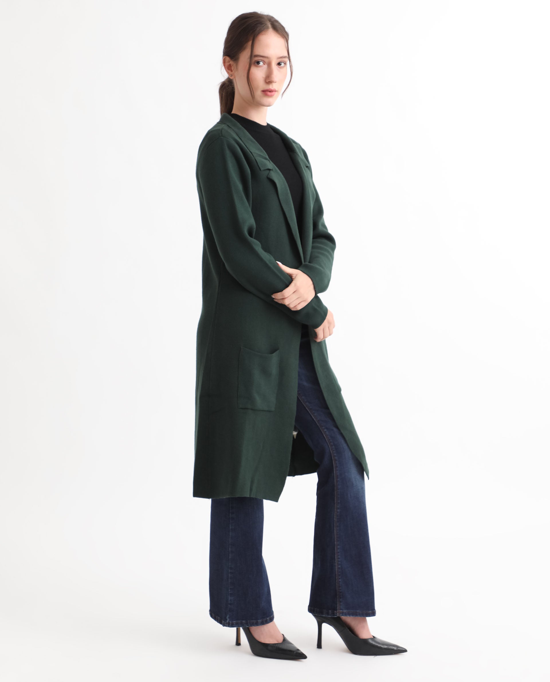Rareism Women's Trident Green Cotton Lapel Neck Plain Knee Length Regular Fit Sweater