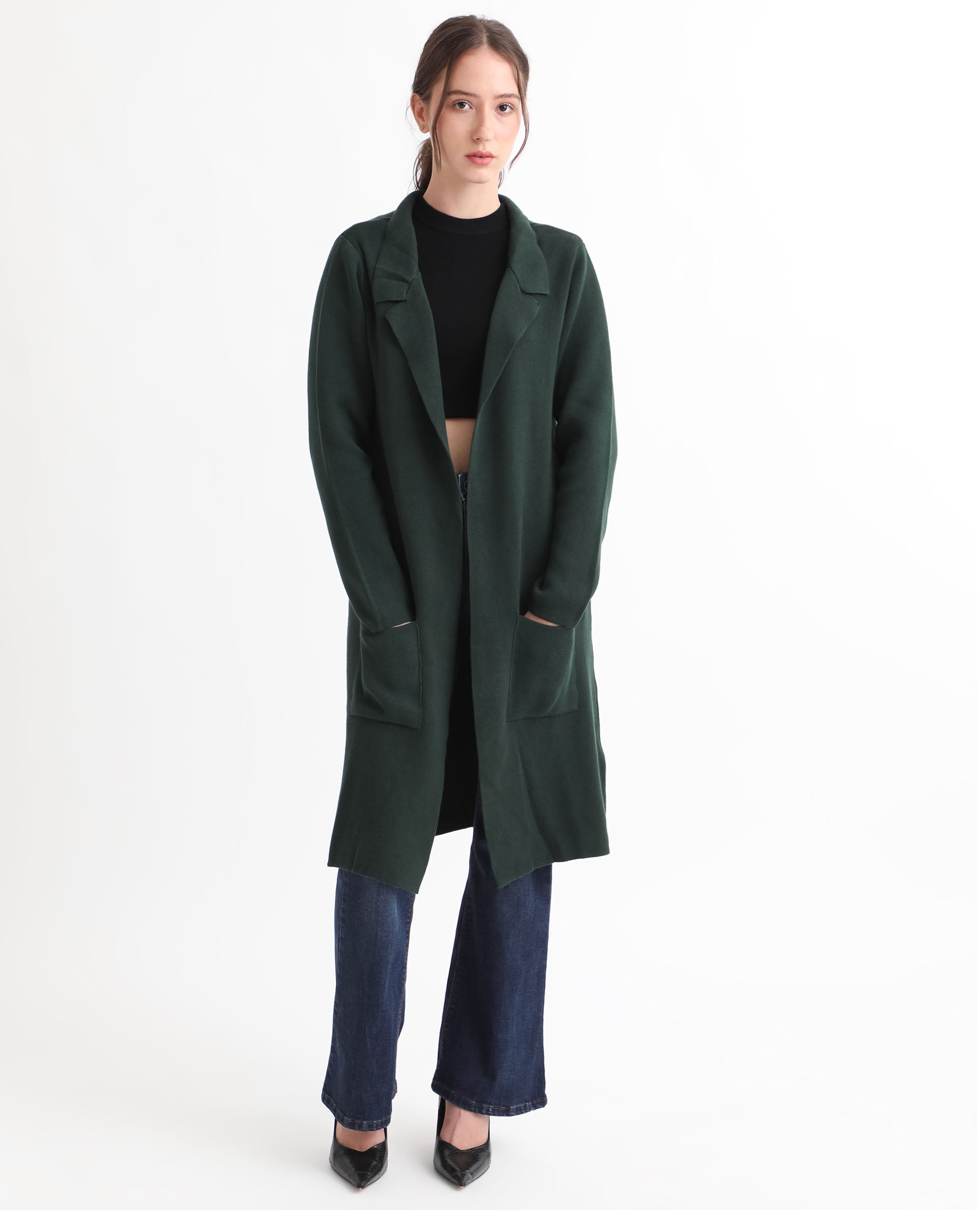 Rareism Women's Trident Green Cotton Lapel Neck Plain Knee Length Regular Fit Sweater