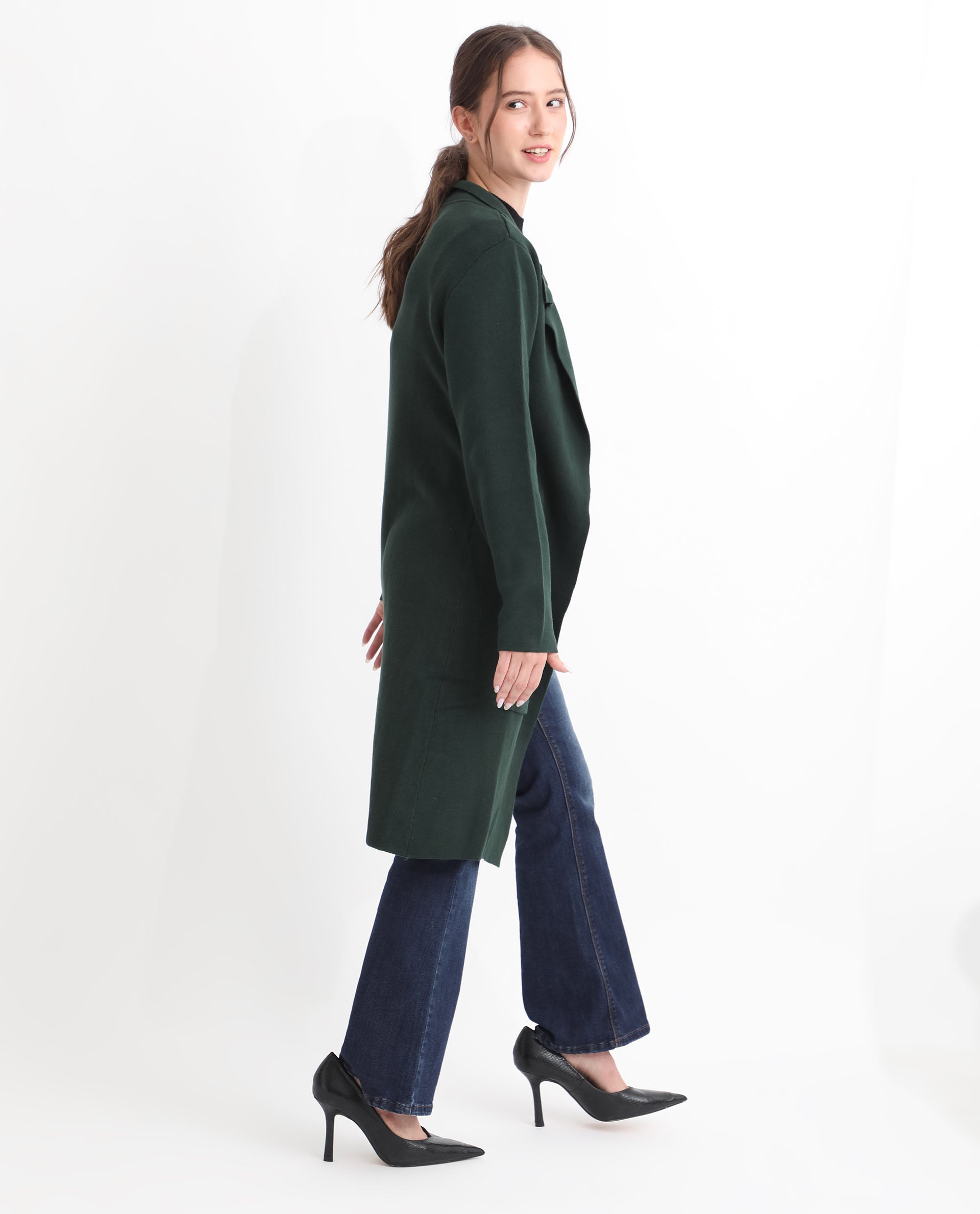 Rareism Women's Trident Green Cotton Lapel Neck Plain Knee Length Regular Fit Sweater