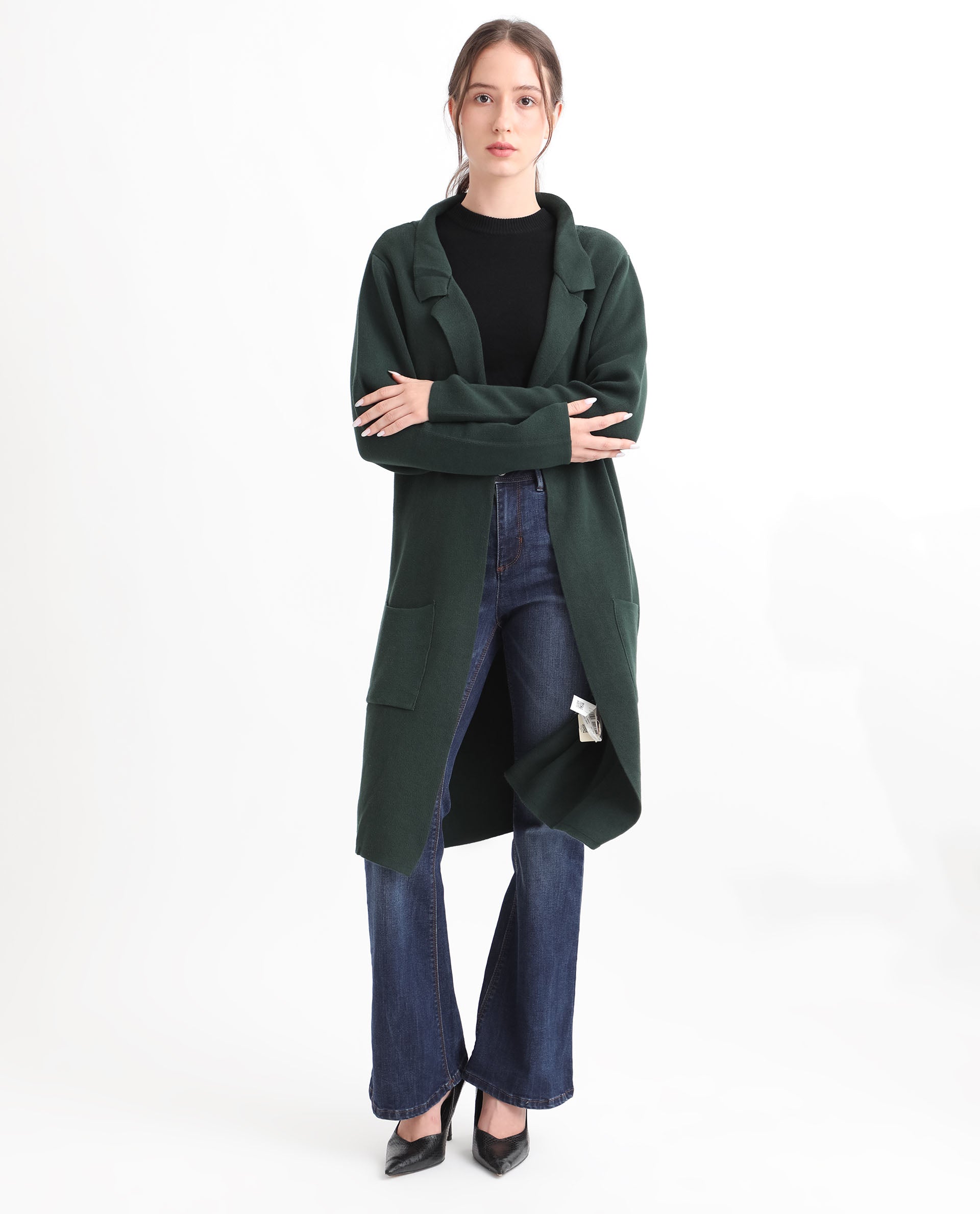 Rareism Women Trident Green Cotton Fabric Full Sleeves Knee Length Regular Fit Solid Lapel Neck Sweater