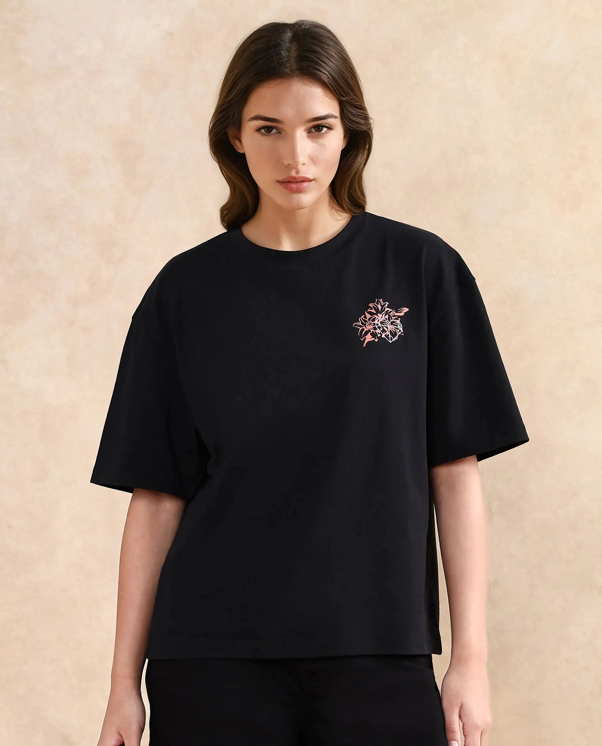 Rareism Women's Trill Black Cotton Crew Neck Graphic Print Oversized T-Shirt