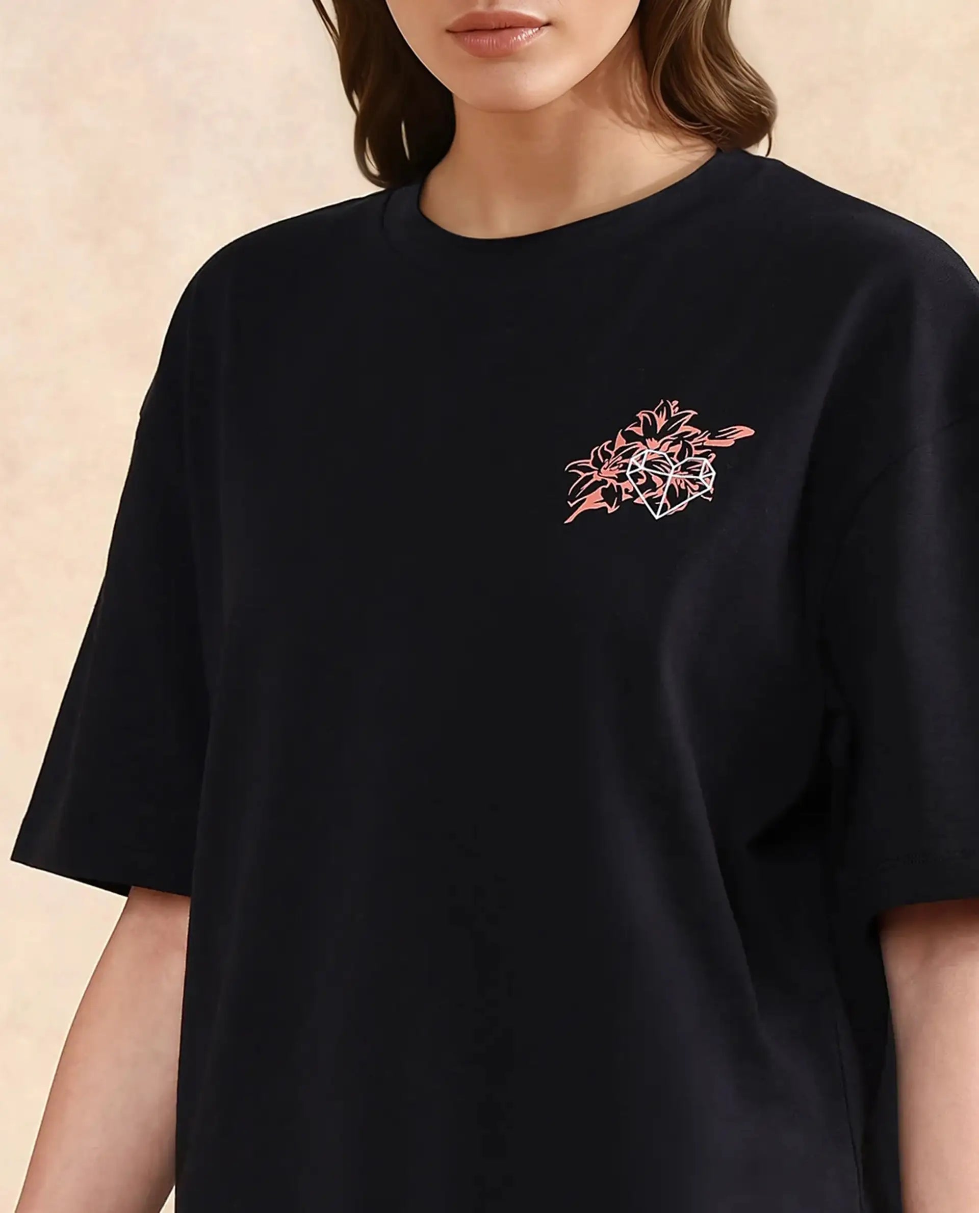 Rareism Women's Trill Black Cotton Crew Neck Graphic Print Oversized T-Shirt