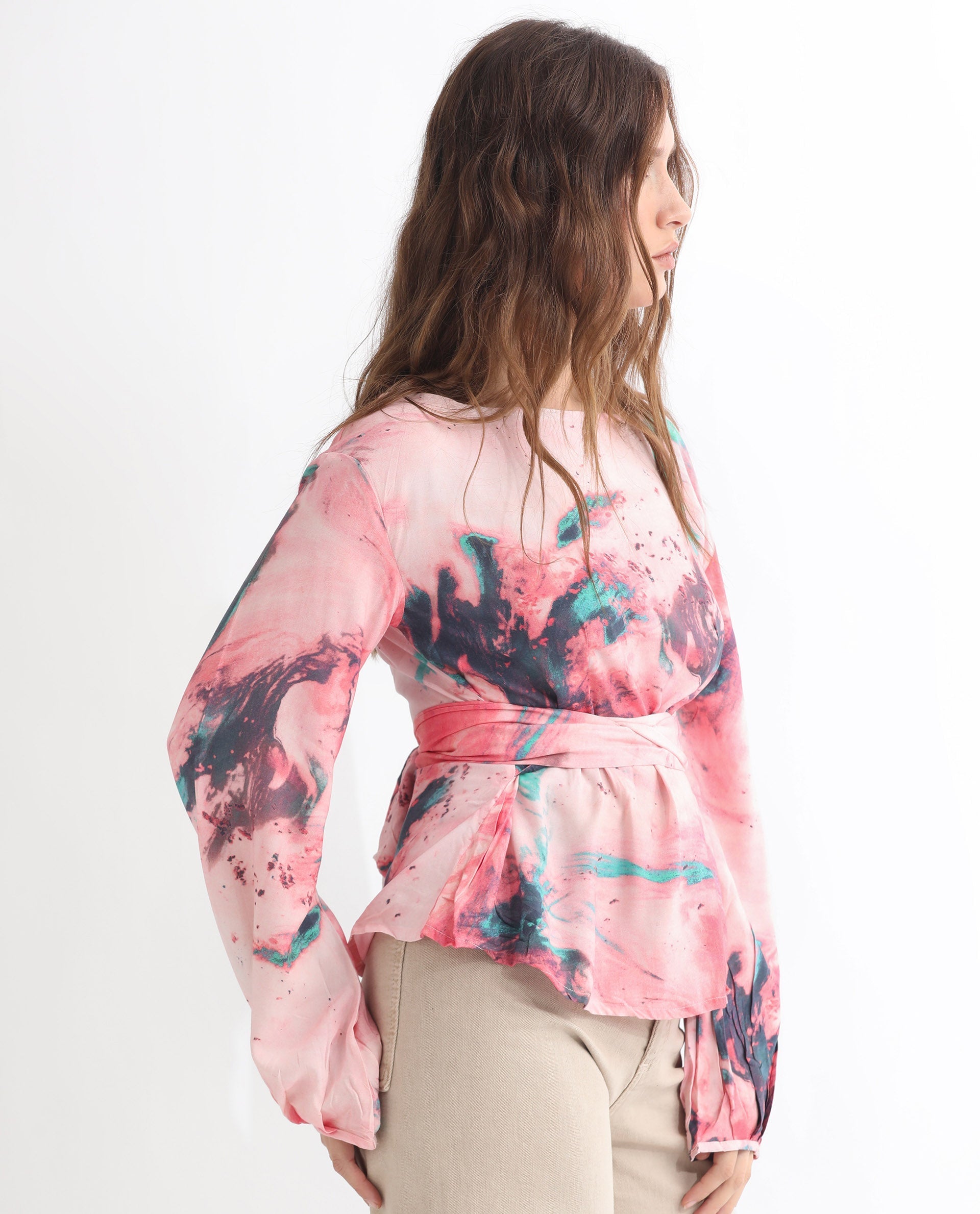 Rareism Women's Trivia Multi Viscose Boat Neck Abstract Print Extended Sleeves Regular Fit Top