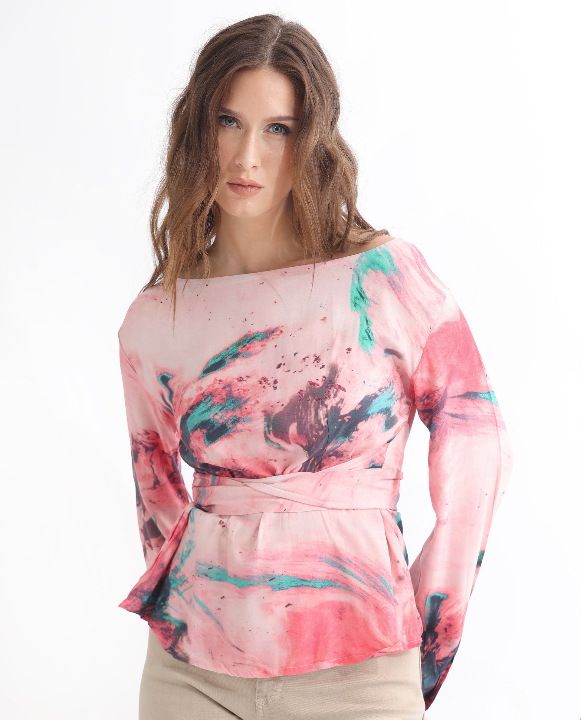 Rareism Women Trivia Multi Viscose Fabric Regular Fit Boat Neck Full Sleeves Abstract Print Top