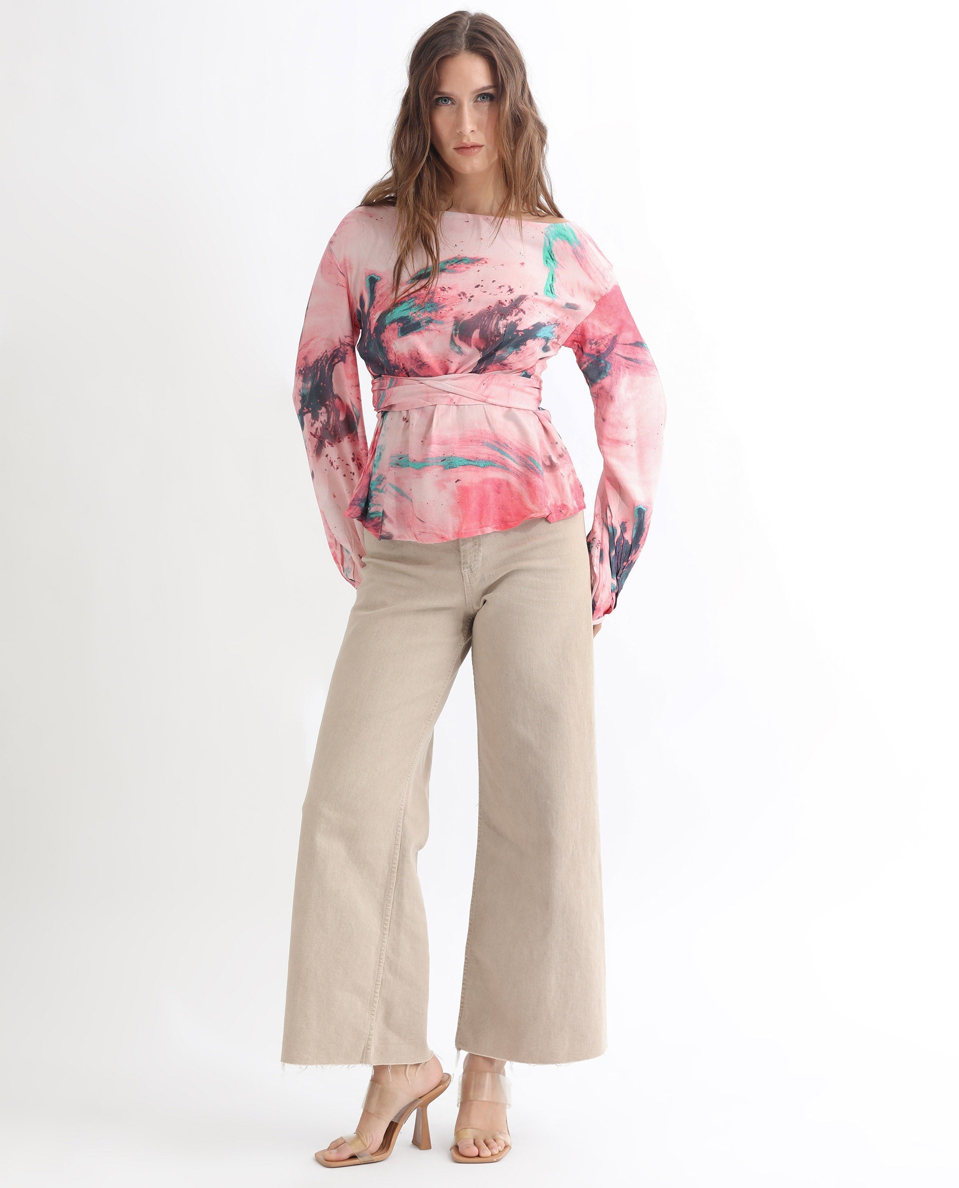 Rareism Women's Trivia Multi Viscose Boat Neck Abstract Print Extended Sleeves Regular Fit Top