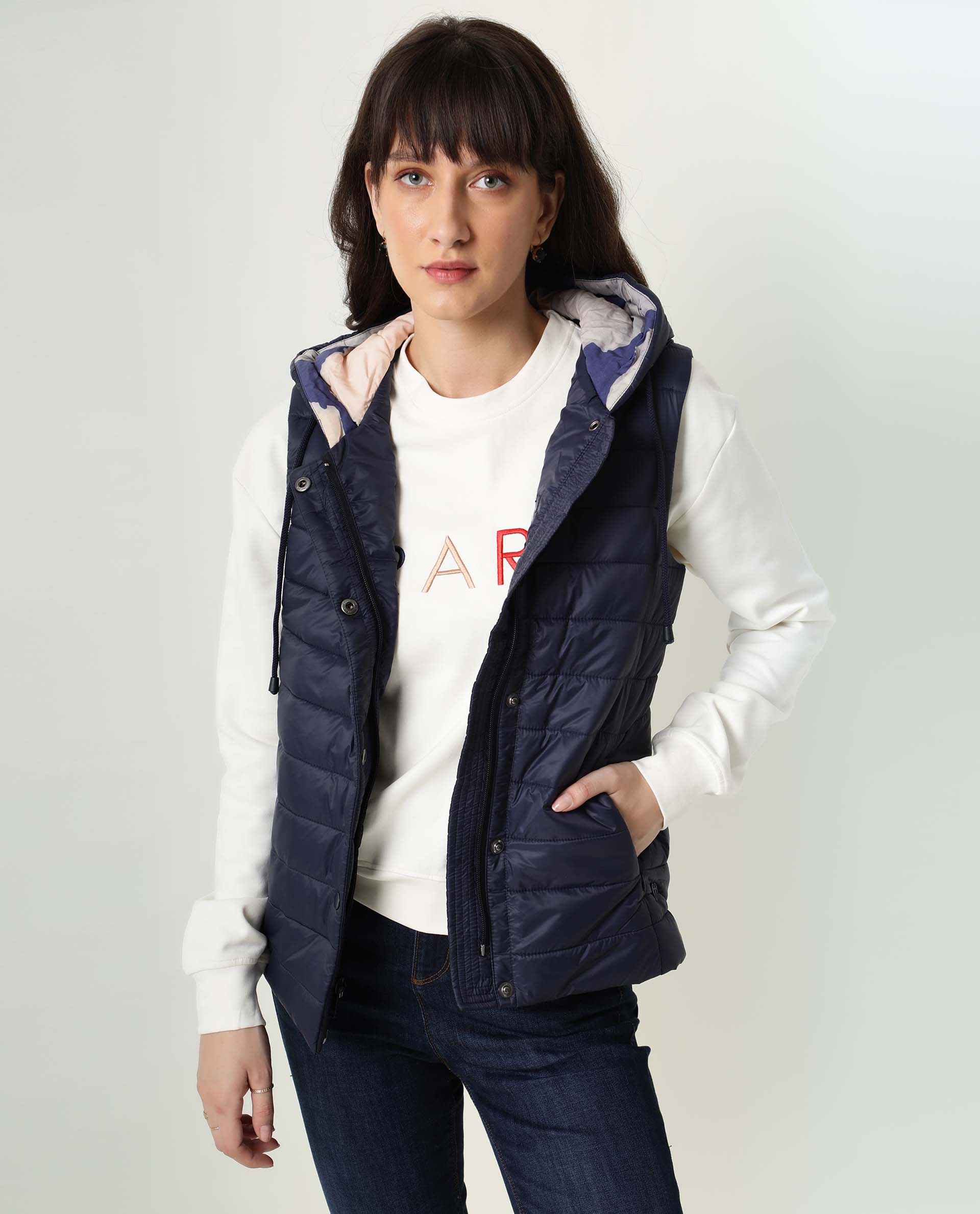 Rareism Women Troop Dark Navy  Sleeveless Solid Hooded Jacket