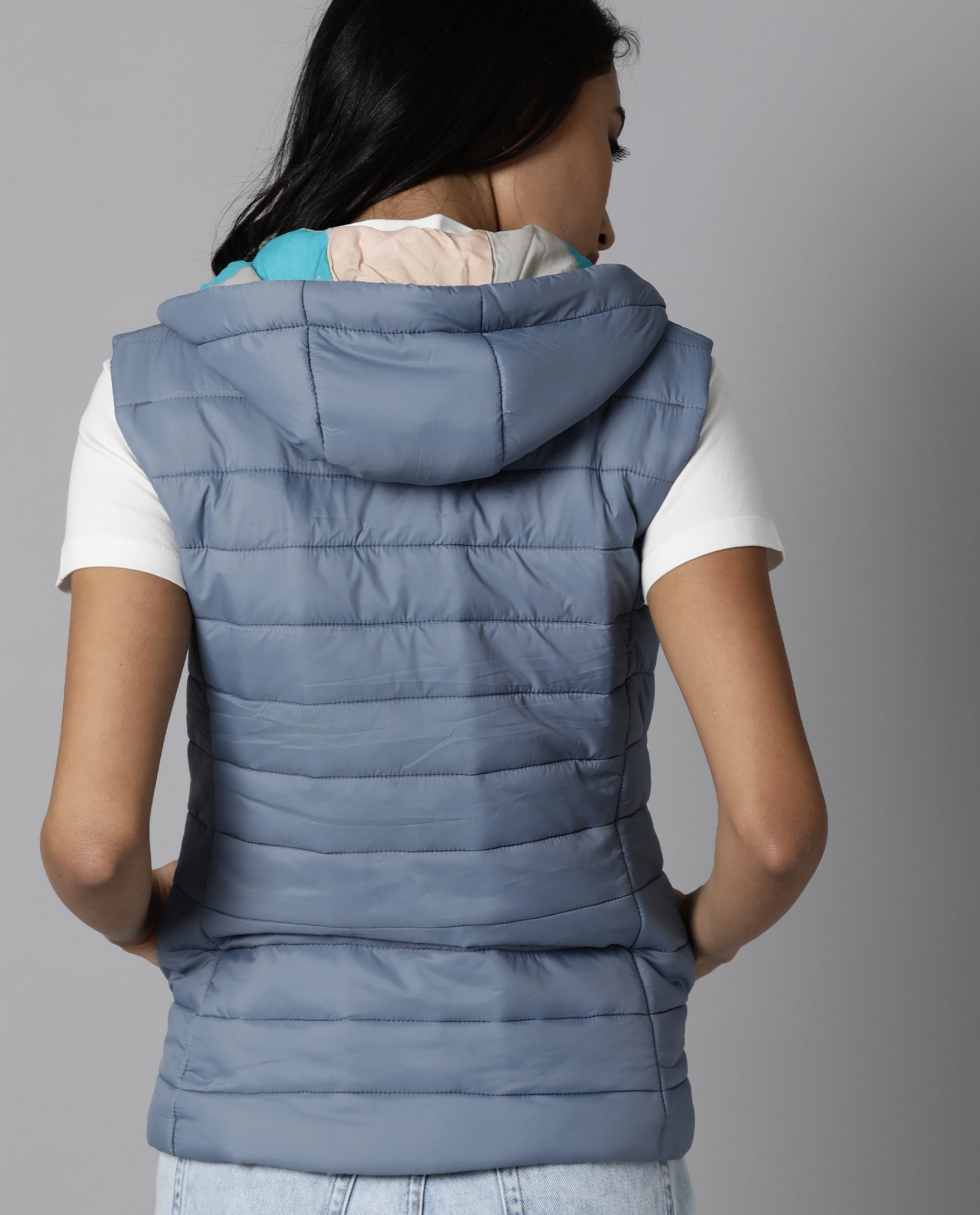 Rareism Women Troop Blue  Sleeveless Solid Hooded Jacket
