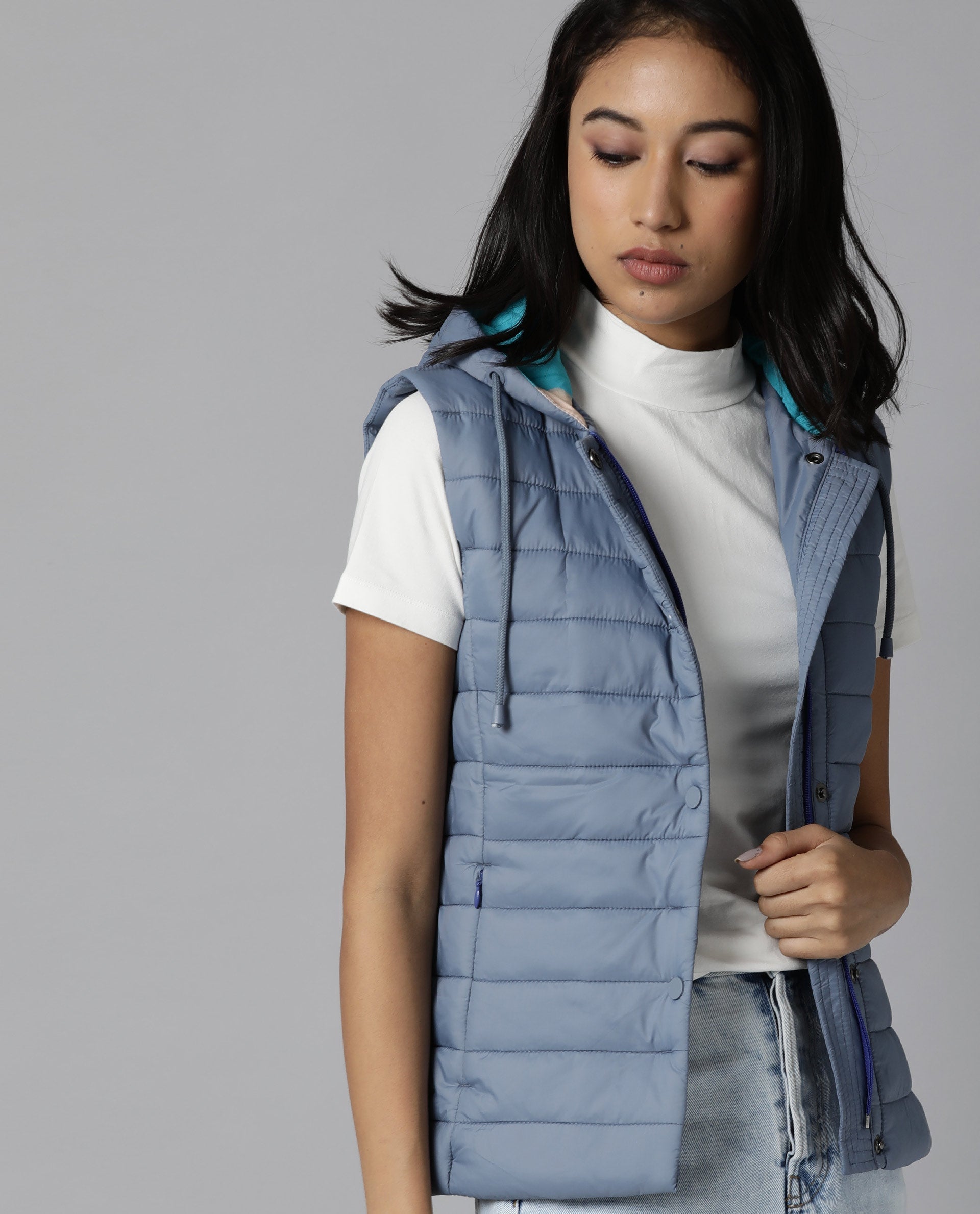 Rareism Women Troop Blue  Sleeveless Solid Hooded Jacket