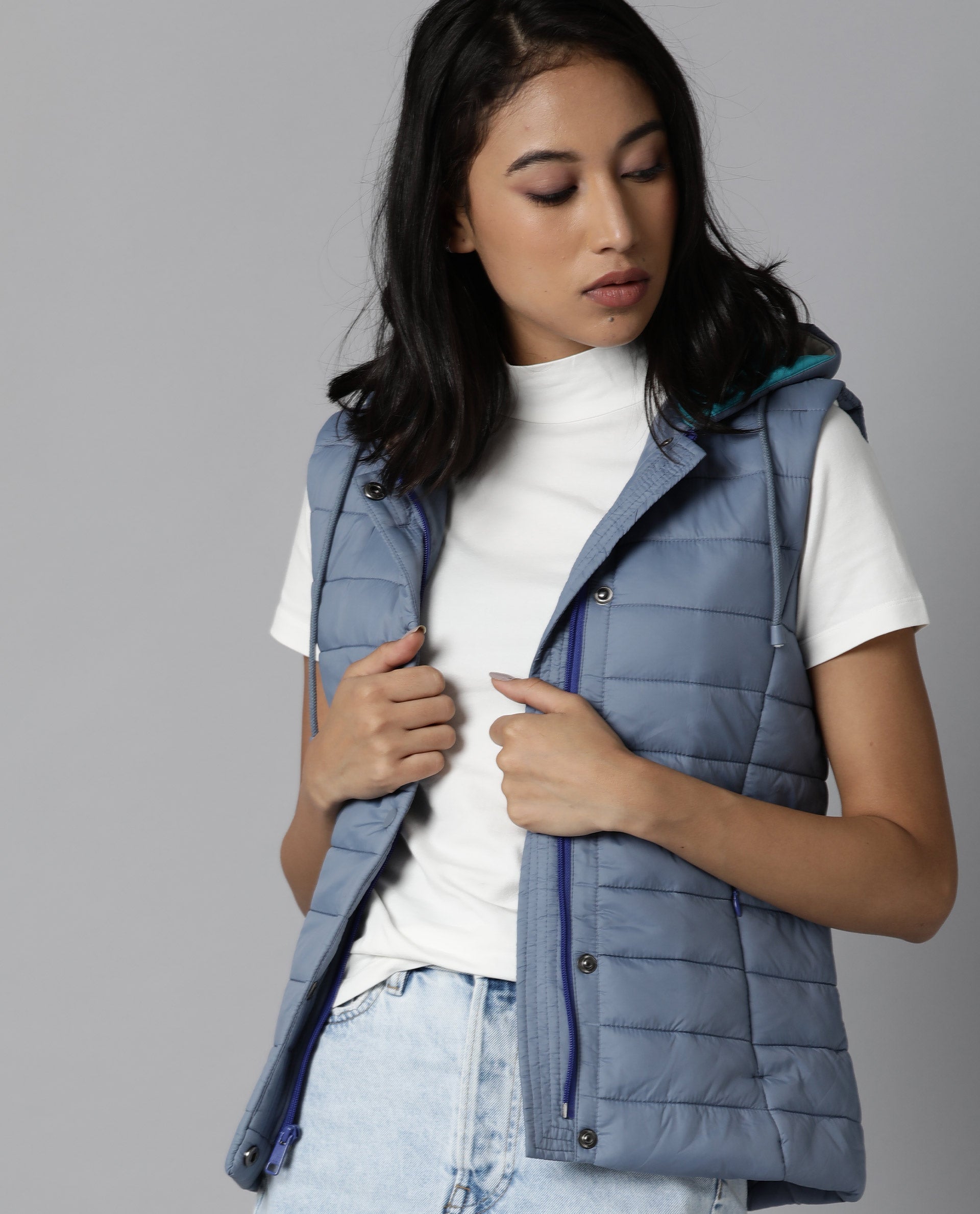 Rareism Women Troop Blue  Sleeveless Solid Hooded Jacket