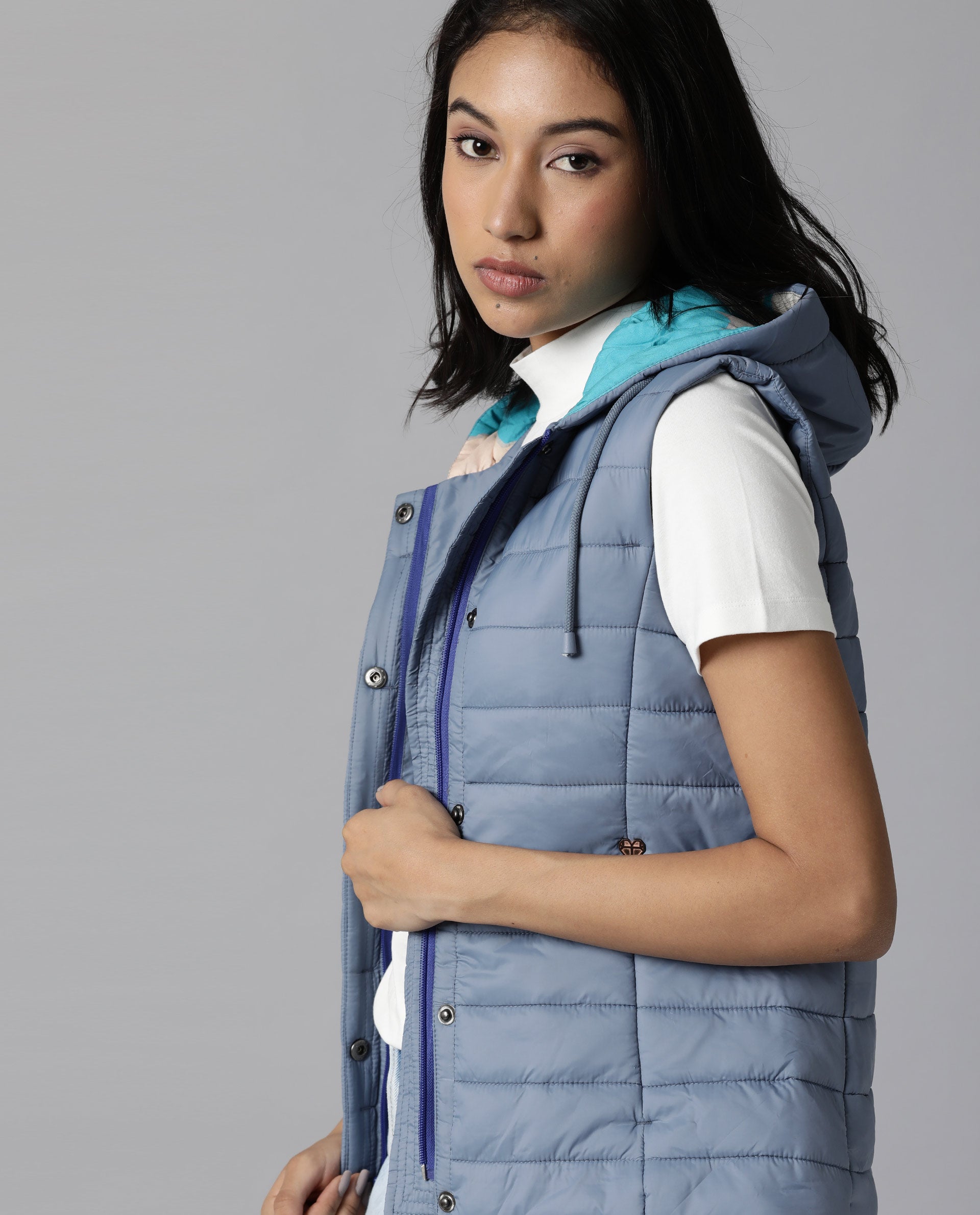 Rareism Women Troop Blue  Sleeveless Solid Hooded Jacket