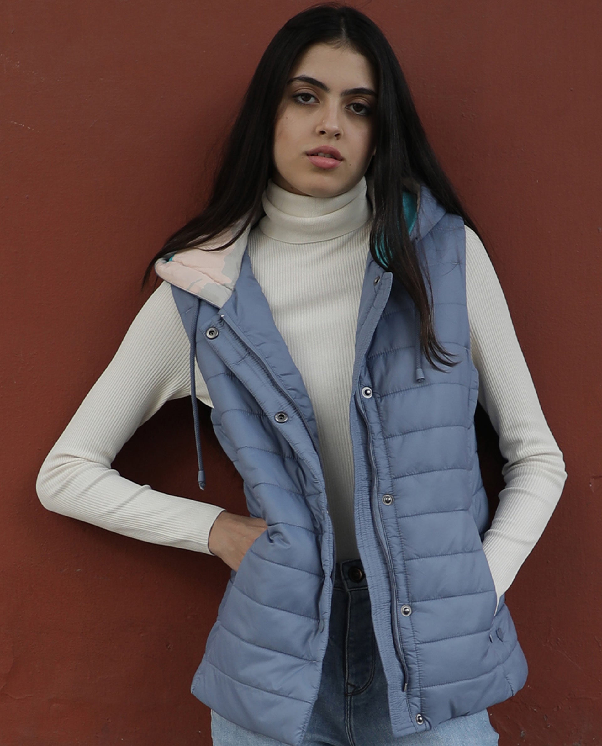 Rareism Women Troop Blue  Sleeveless Solid Hooded Jacket