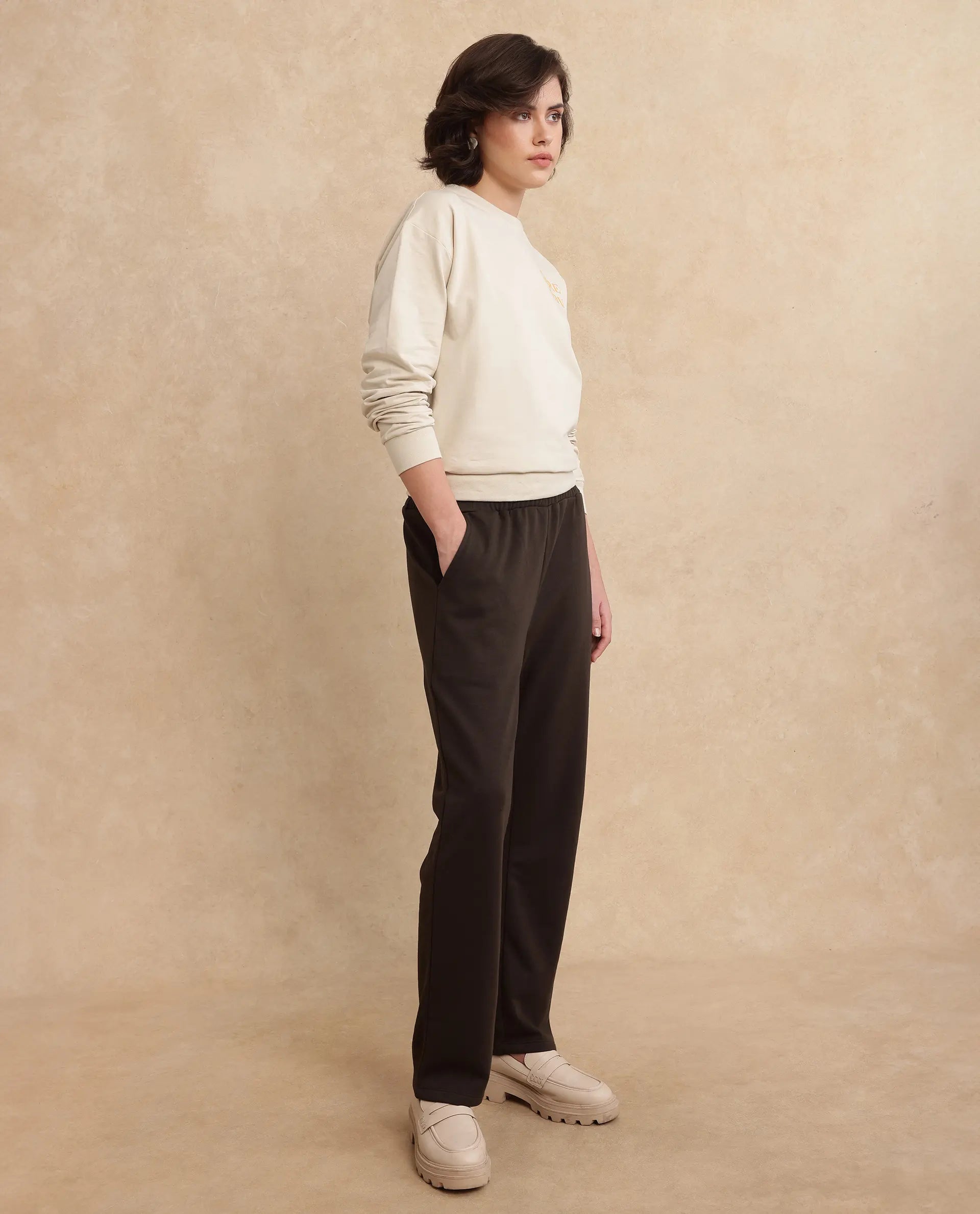 Rareism Women Trunky Brown Cotton Blend Fabric Straight Fit Ankle Length Plain Track Pant