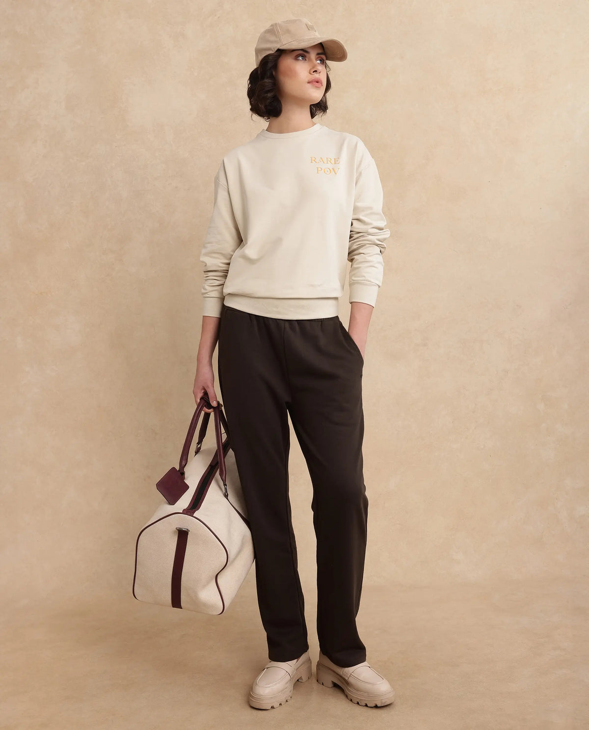 Rareism Women Trunky Brown Cotton Blend Fabric Straight Fit Ankle Length Plain Track Pant