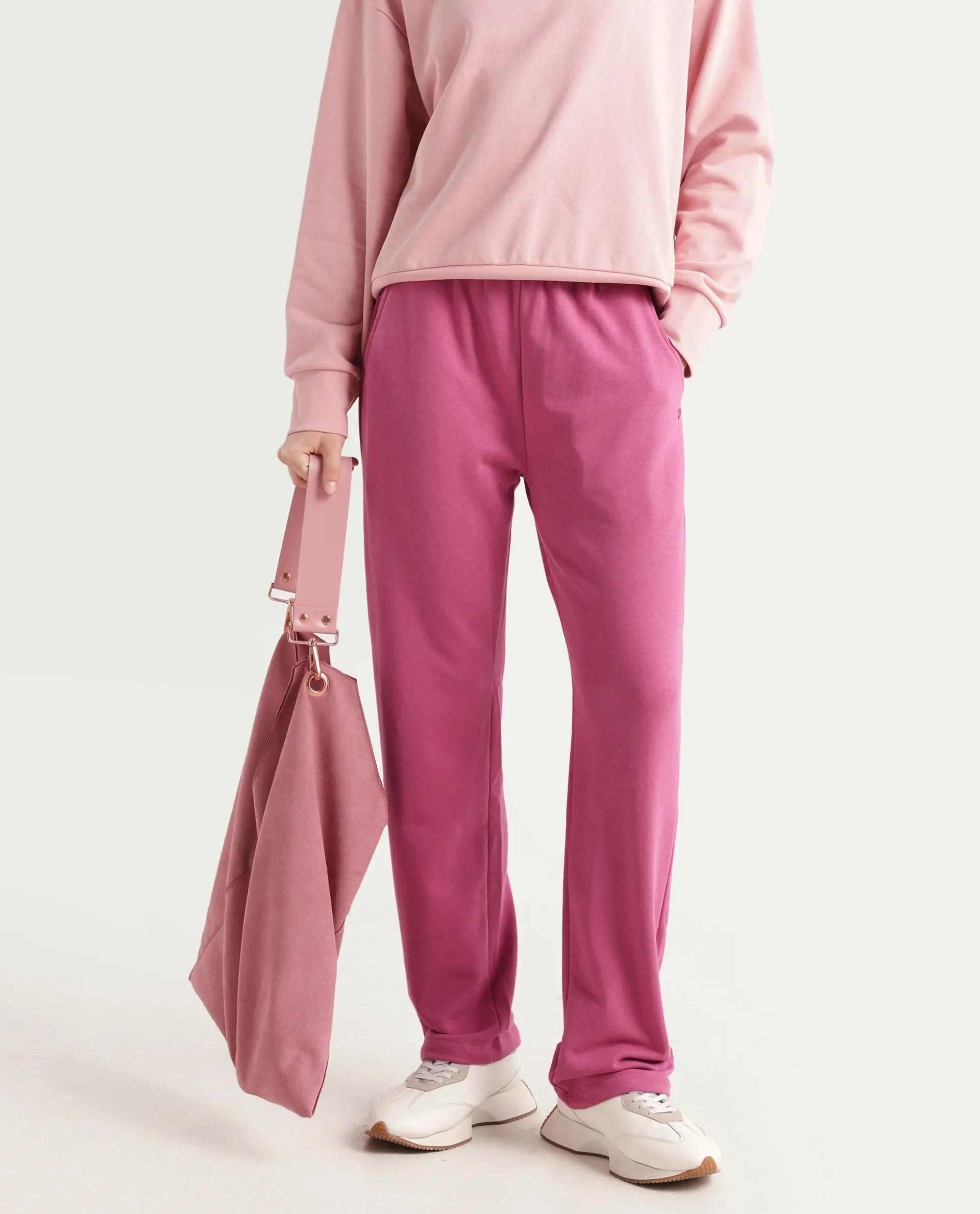 Rareism Women's Trunky Dark Pink Cotton Blend Plain Ankle Length Straight Fit Track Pant