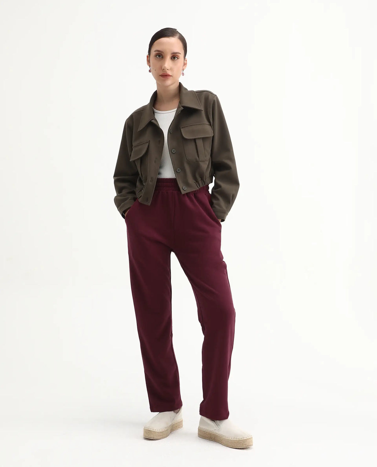 Rareism Women's Trunky Maroon Cotton Blend Plain Ankle Length Straight Fit Track Pant