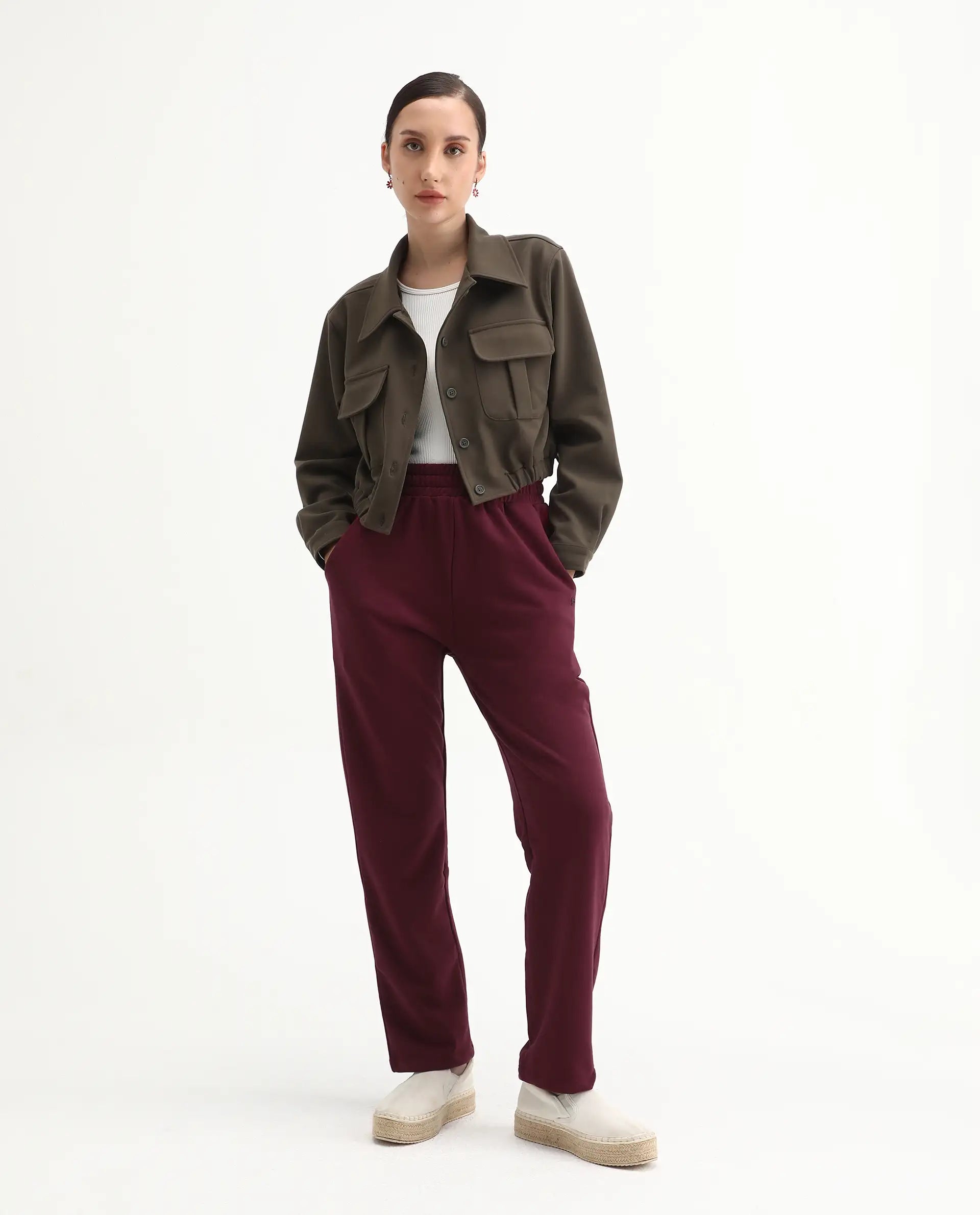 Rareism Women's Trunky Maroon Cotton Blend Plain Ankle Length Straight Fit Track Pant