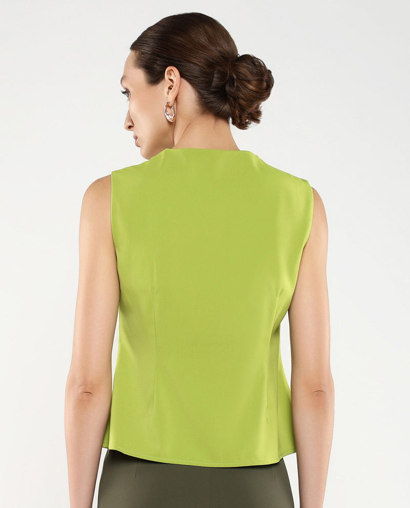 Rareism Women Tuika Flouroscent Green Satin Sleeveless Over Lap Neck Button Closure Plain Top