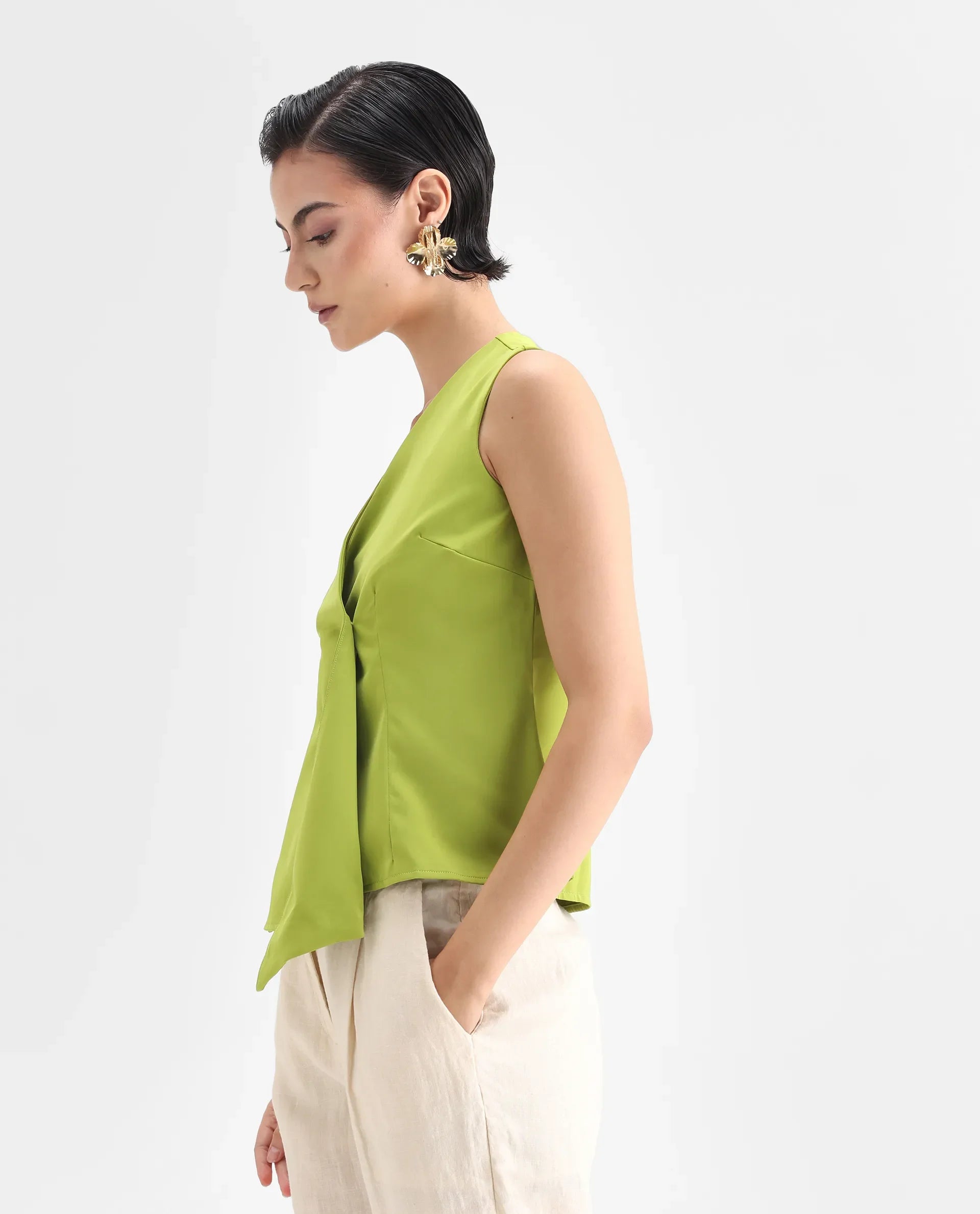 Rareism Women's Tuika Flouroscent Green Satin Overlap Neck Plain Sleeveless Regular Fit Top