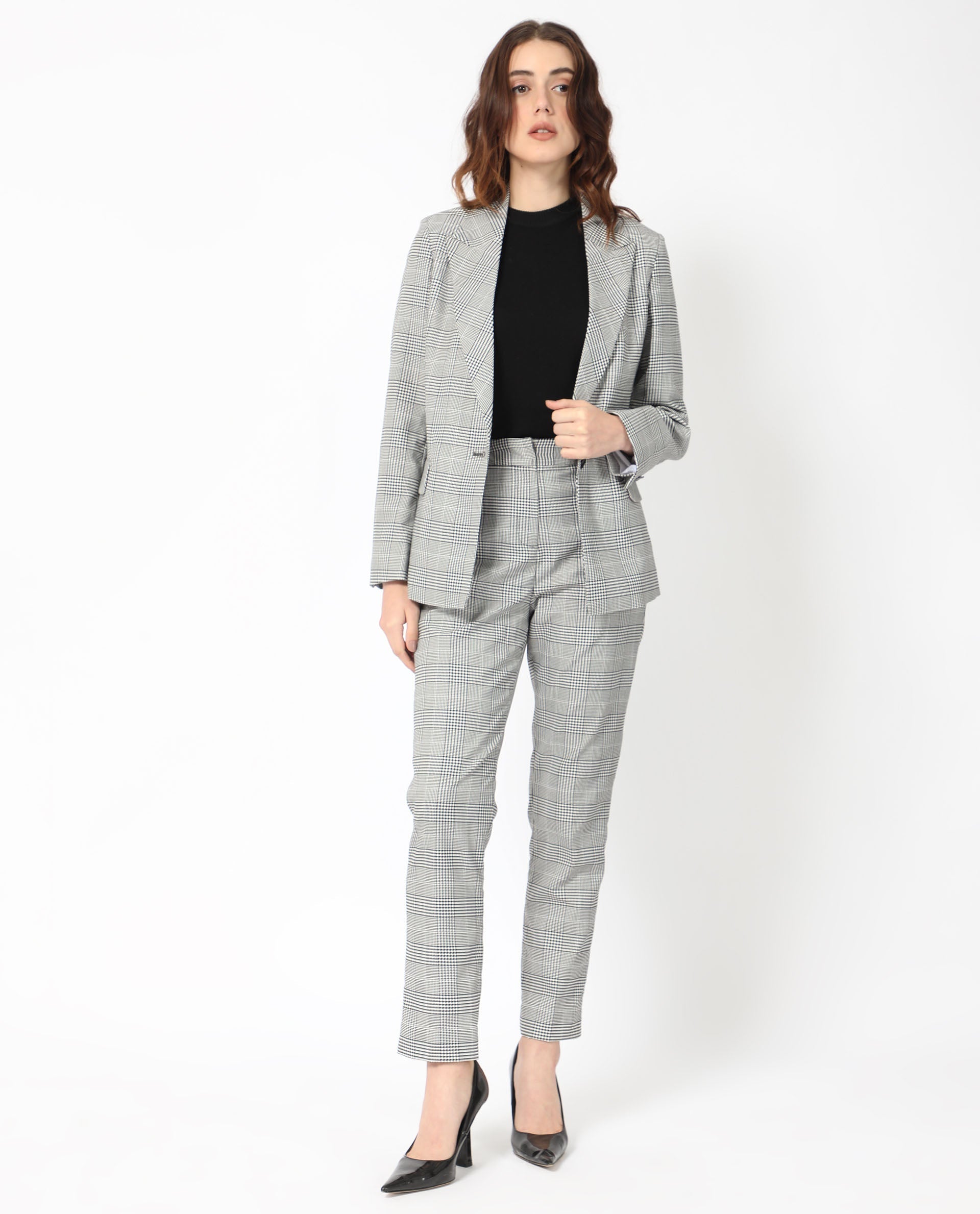 Rareism Women's Tucila Black Polyester Checked Ankle Length Tailored Trouser