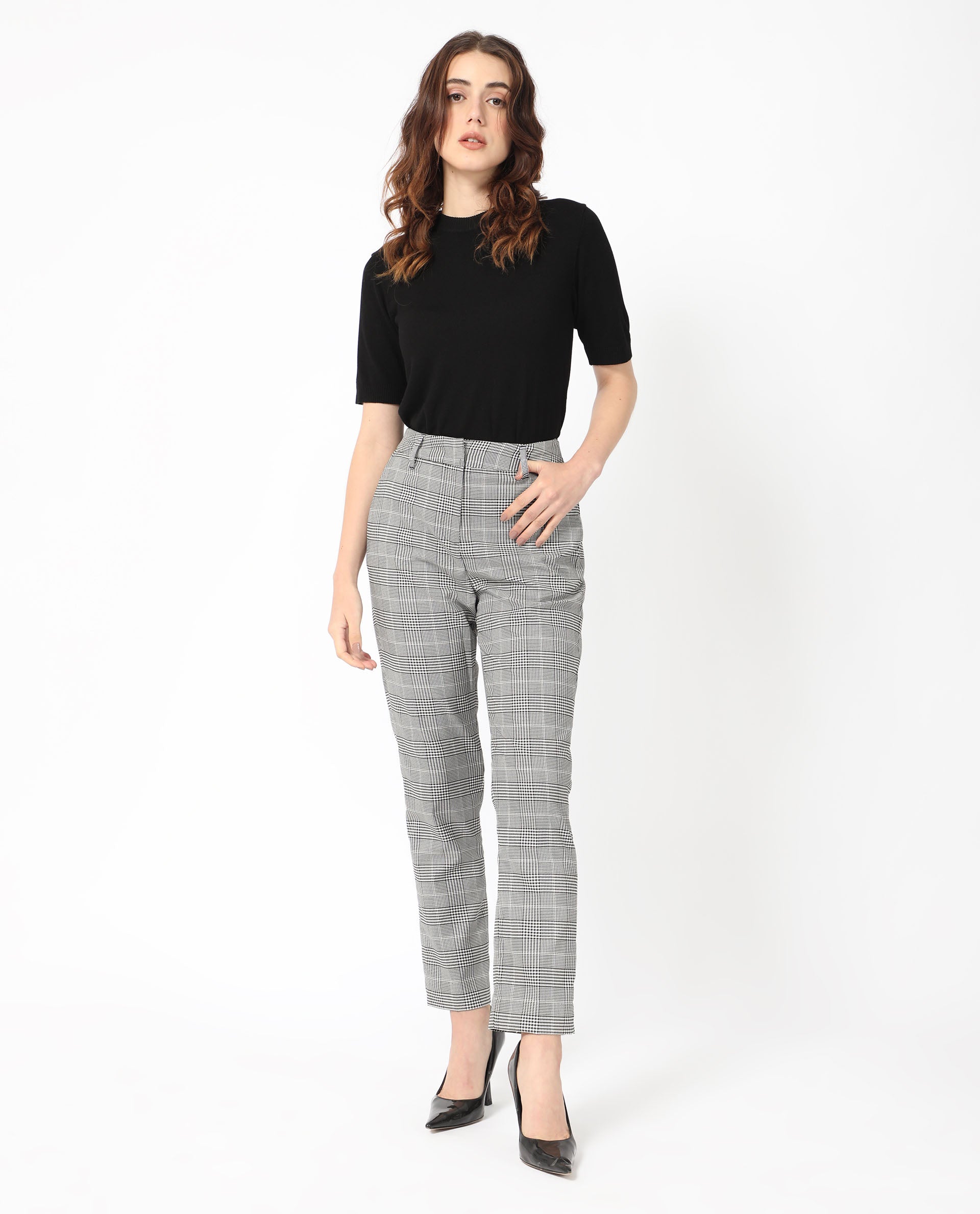 Rareism Women's Tucila Black Polyester Checked Ankle Length Tailored Trouser