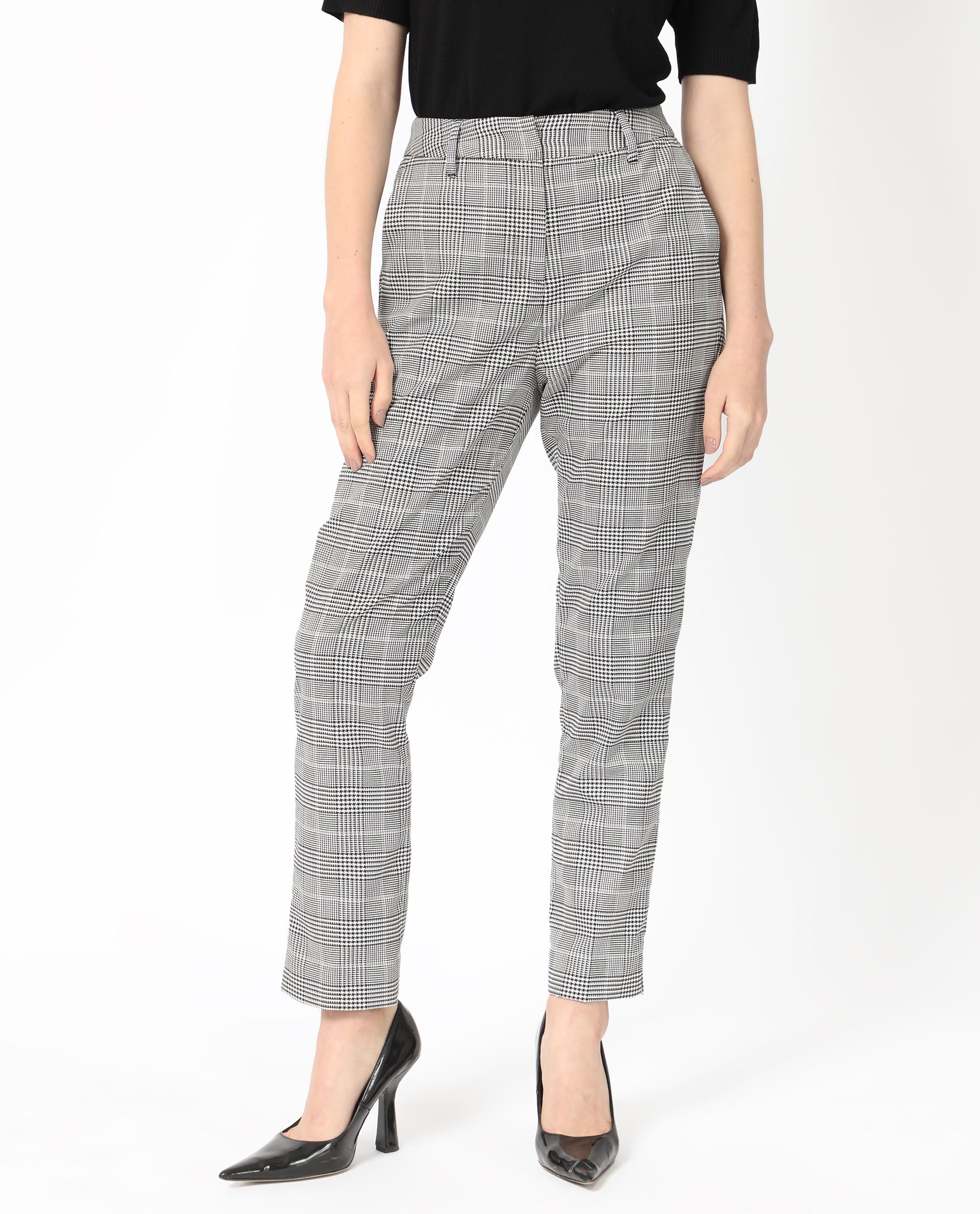 Rareism Women's Tucila Black Polyester Checked Ankle Length Tailored Trouser
