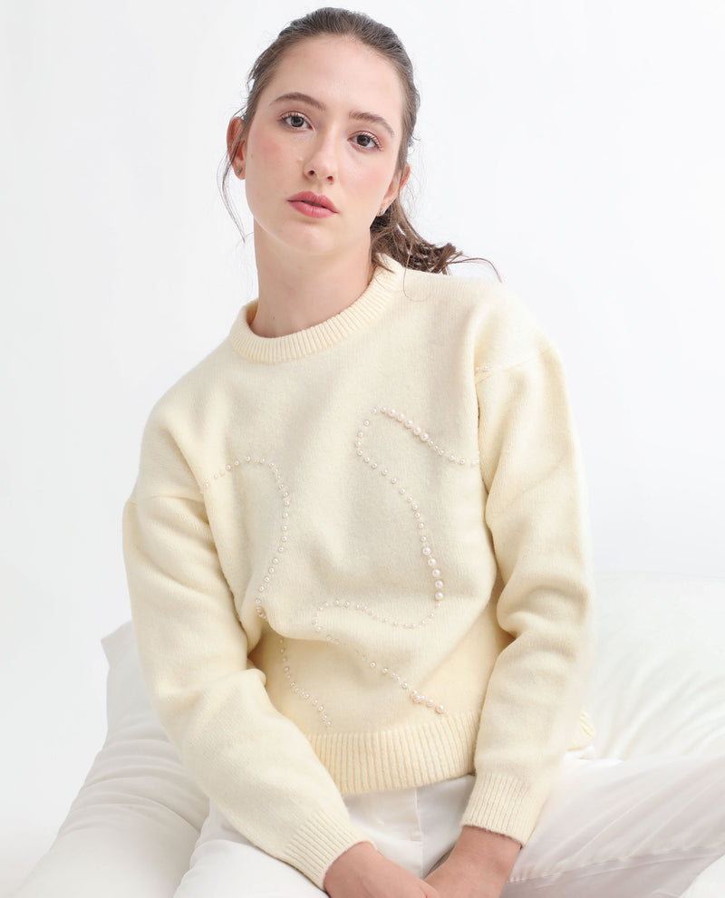 Rareism Women'S Kran Off White Viscose Fabric Full Sleeves Round Neck Regular Fit Embellished Sweater