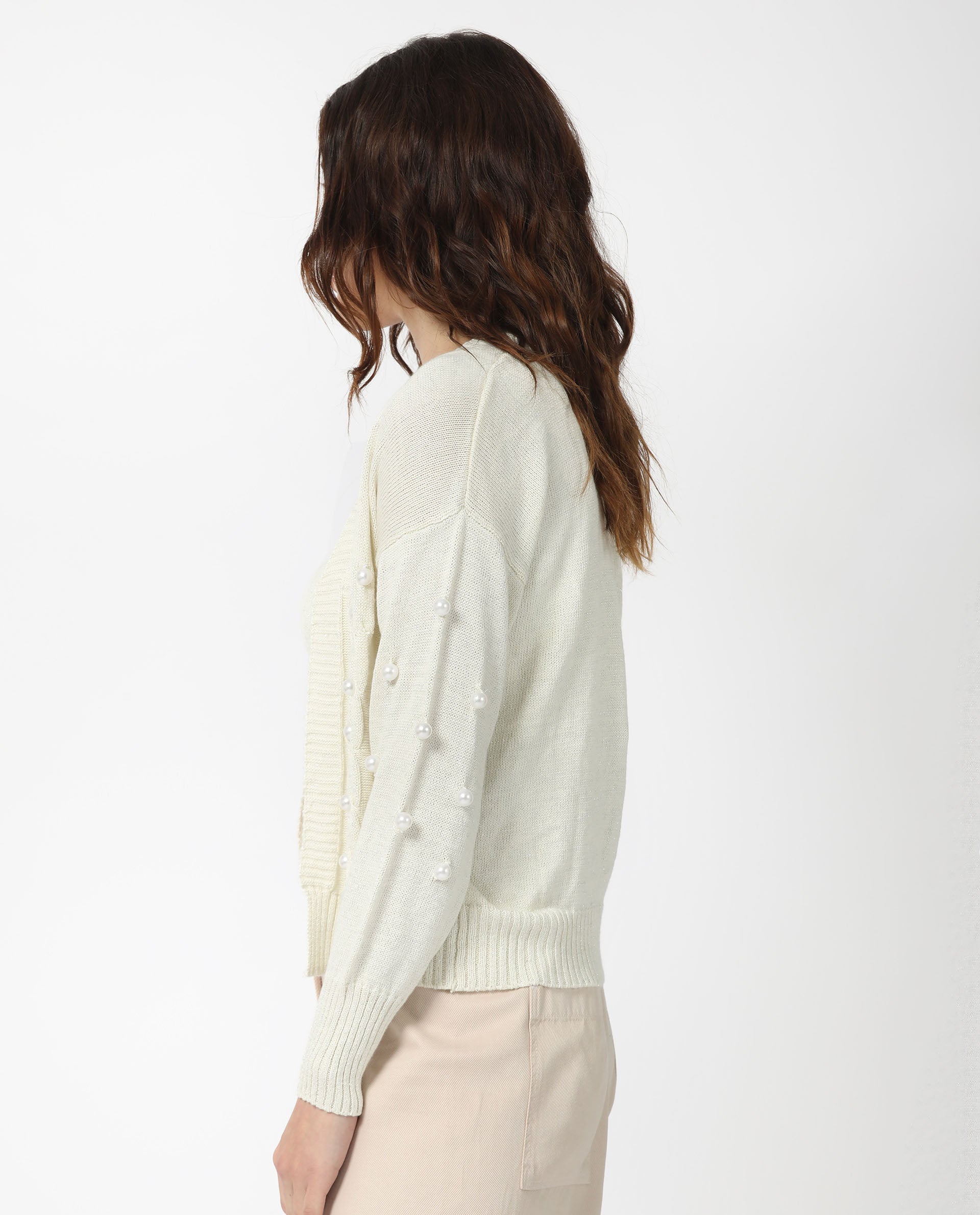 Rareism Women's Tunnel 1 Off White Viscose Collarless Embellished Balloon Sleeve Regular Fit Sweater
