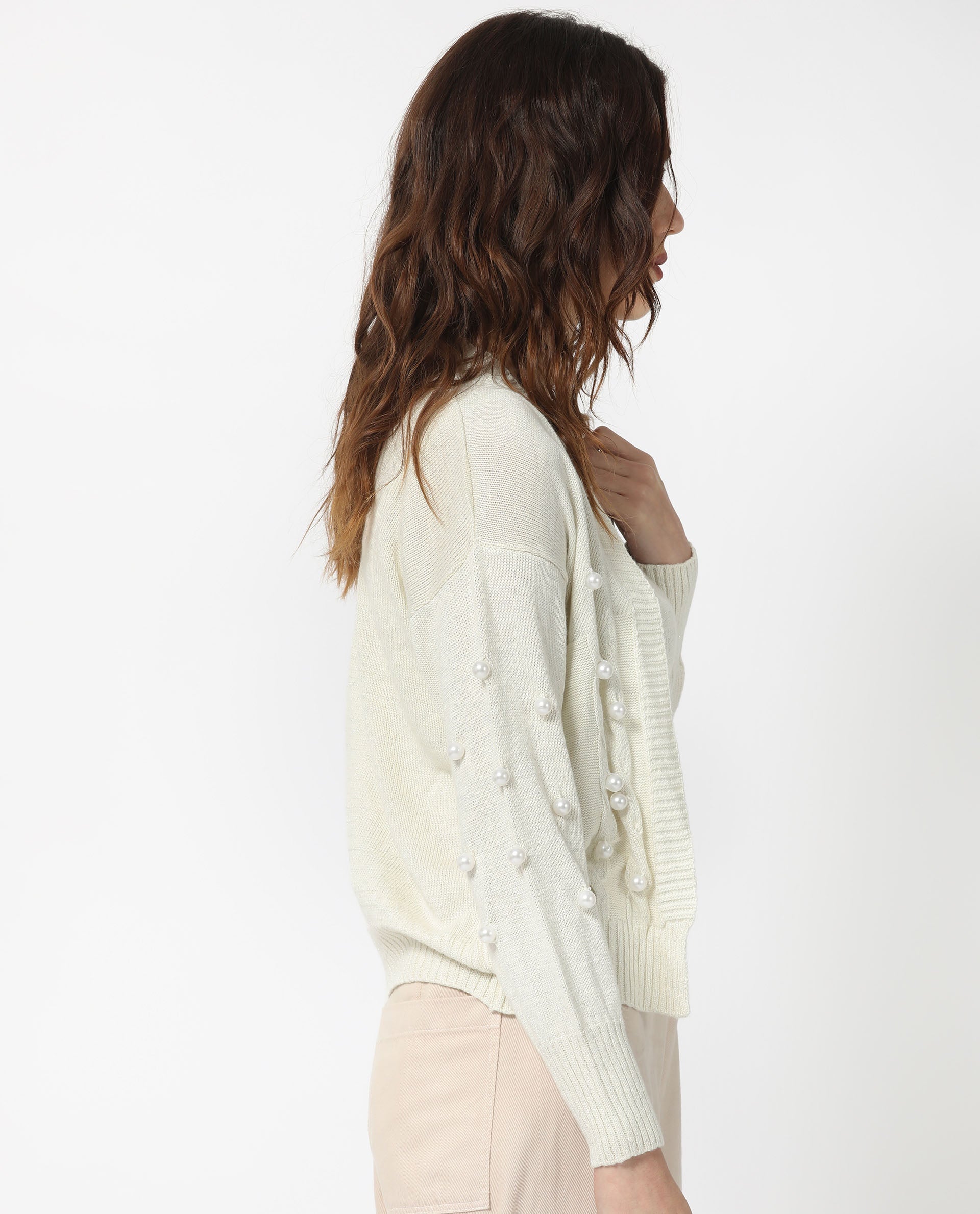Rareism Women's Tunnel 1 Off White Viscose Collarless Embellished Balloon Sleeve Regular Fit Sweater