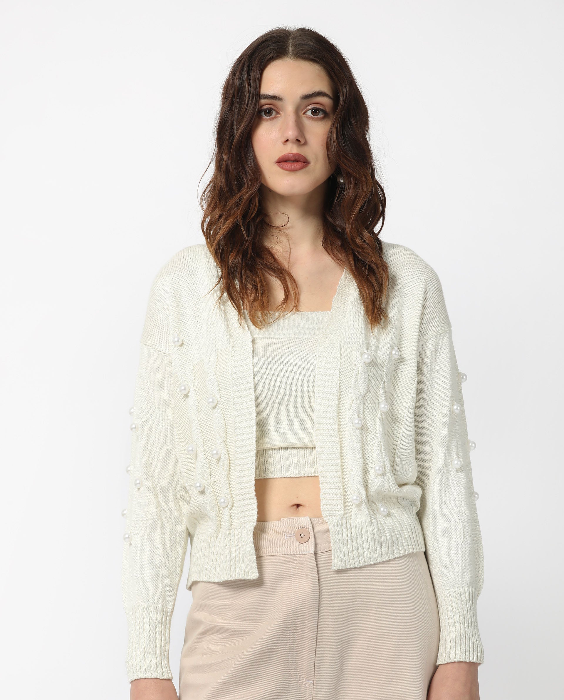 Rareism Women's Tunnel 1 Off White Viscose Collarless Embellished Balloon Sleeve Regular Fit Sweater
