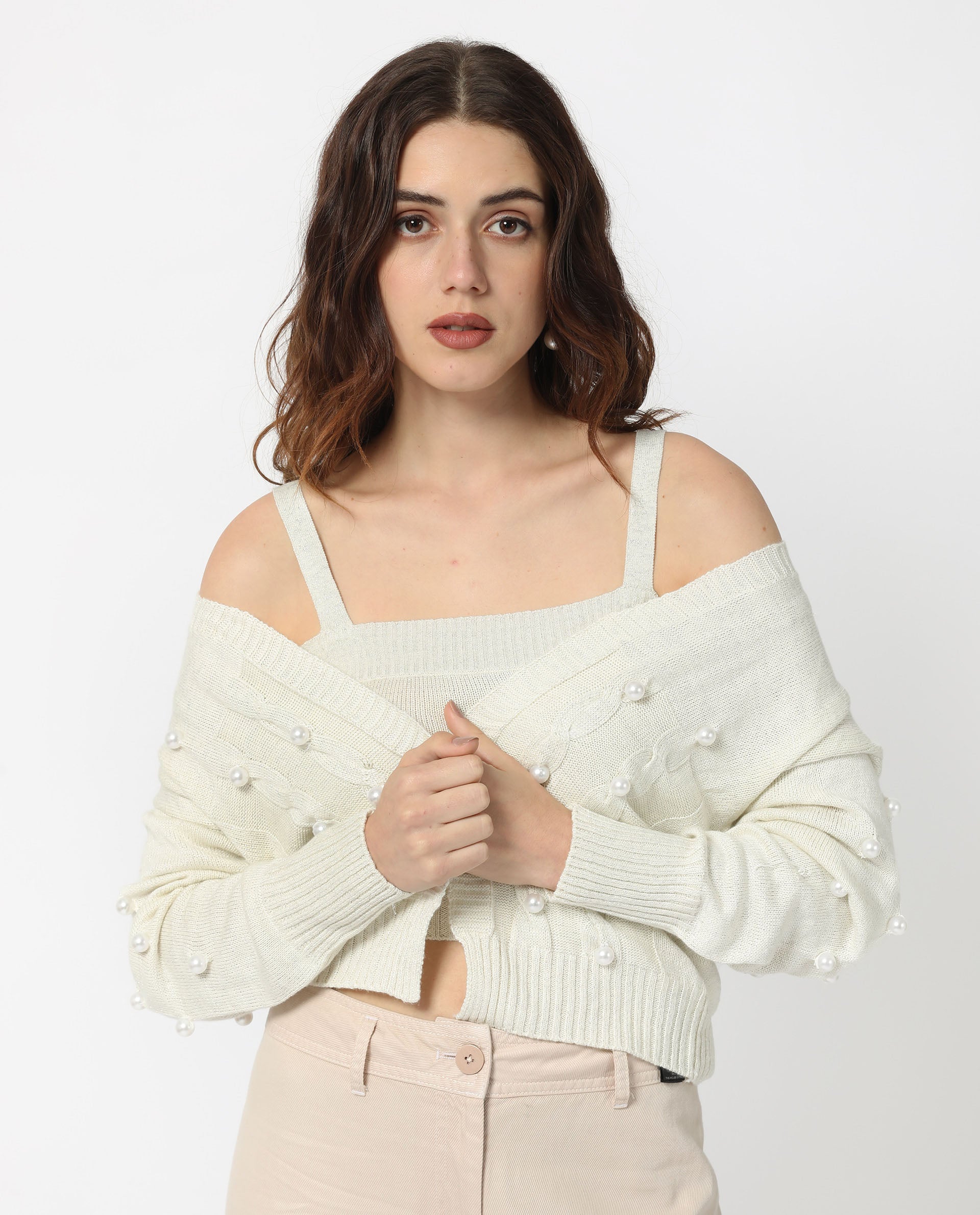 Rareism Women's Tunnel 1 Off White Viscose Collarless Embellished Balloon Sleeve Regular Fit Sweater