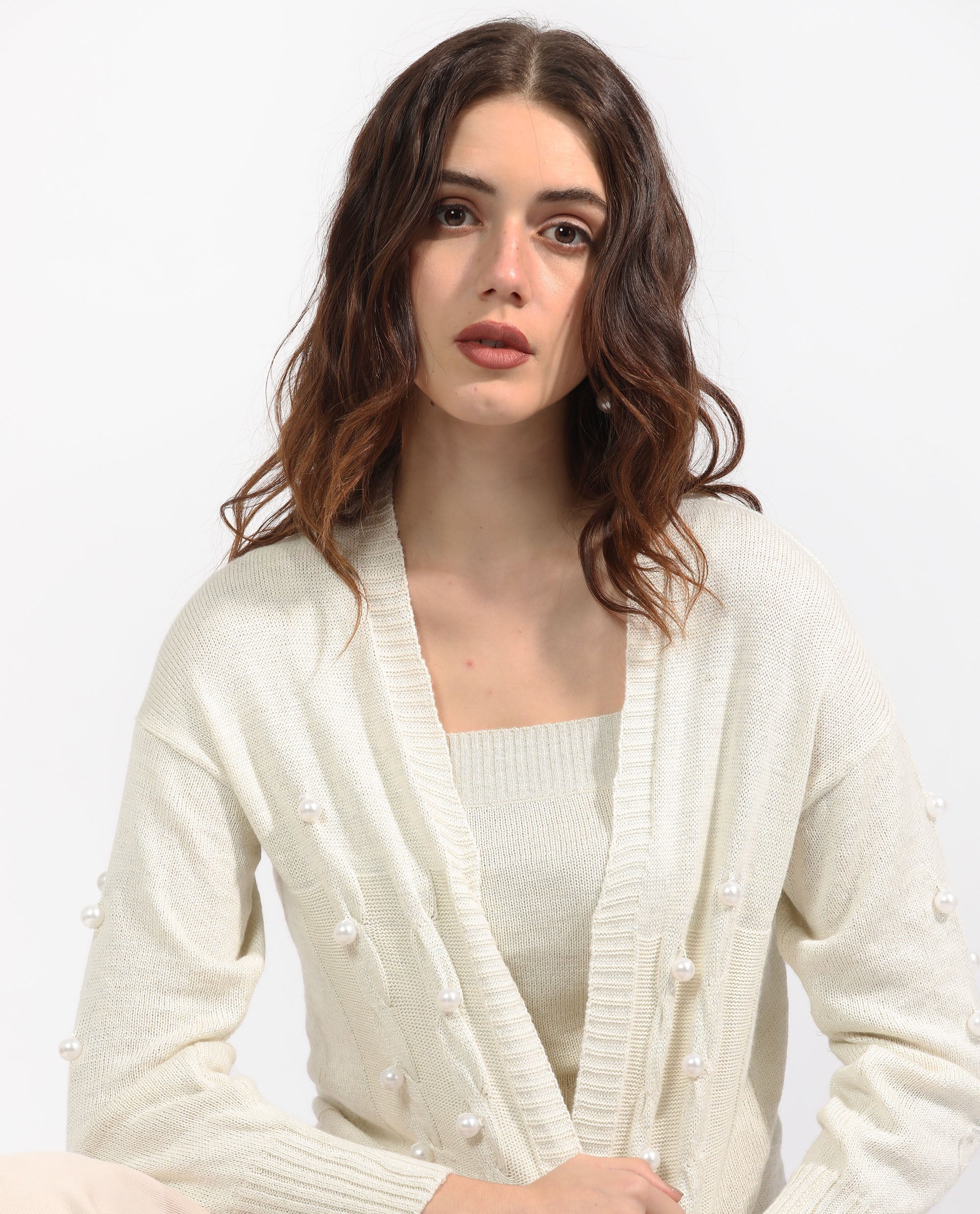 Rareism Women's Tunnel 1 Off White Viscose Collarless Embellished Balloon Sleeve Regular Fit Sweater