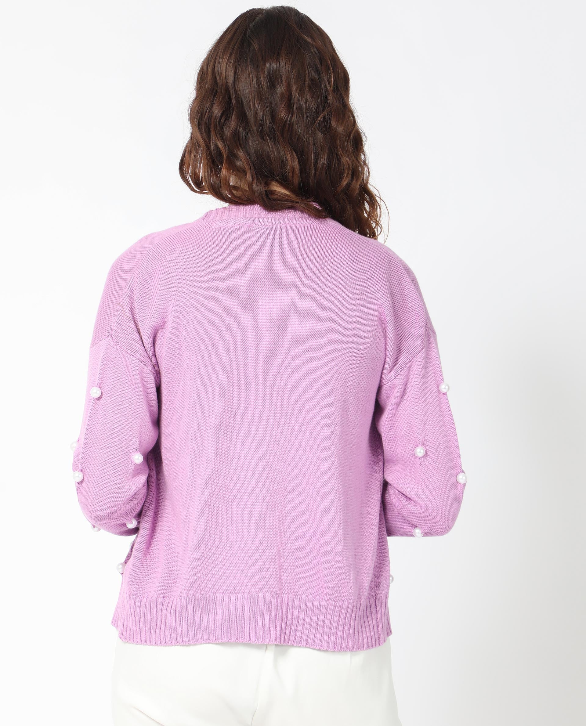 Rareism Women's Tunnel 1 Pastel Purple Viscose Collarless Embellished Balloon Sleeve Regular Fit Sweater