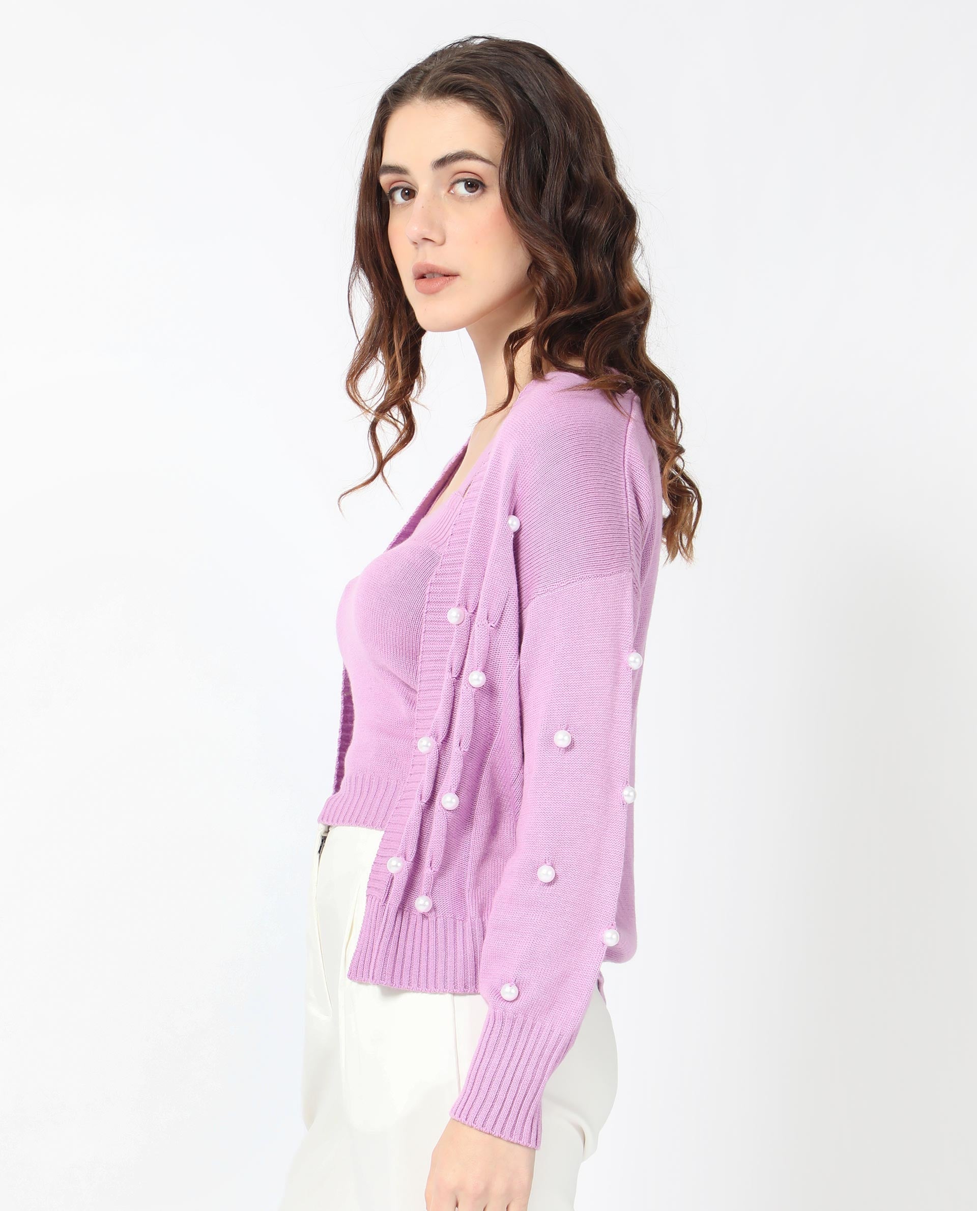Rareism Women's Tunnel 1 Pastel Purple Viscose Collarless Embellished Balloon Sleeve Regular Fit Sweater