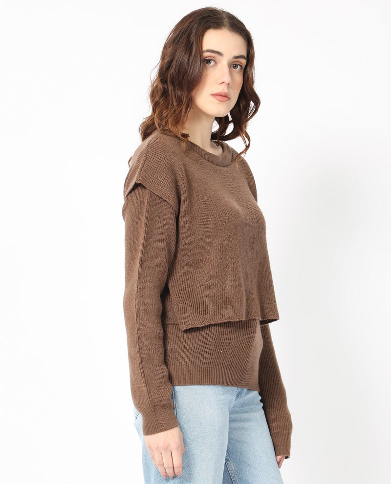 Rareism Women Tupfel Brown Acrylic Fabric Full Sleeves Round Neck Regular Fit Plain Sweater