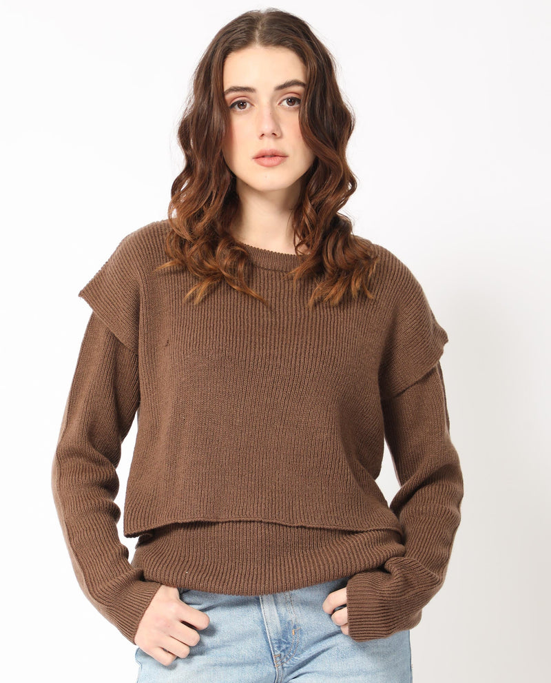 Rareism Women Tupfel Brown Acrylic Fabric Full Sleeves Round Neck Regular Fit Plain Sweater