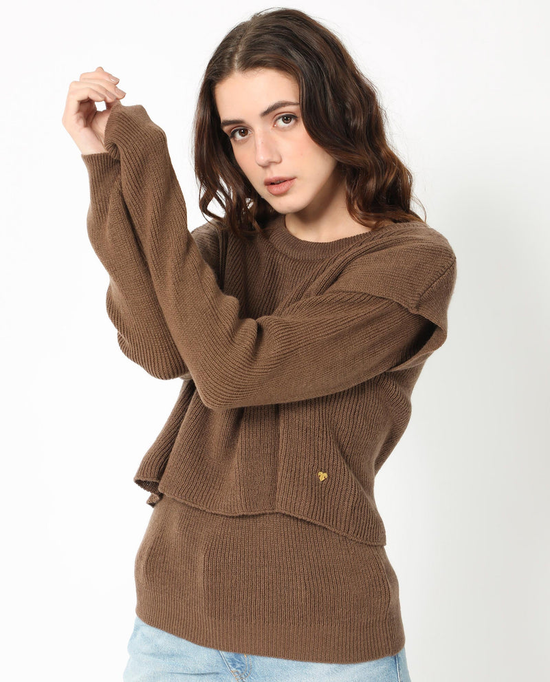 Rareism Women Tupfel Brown Acrylic Fabric Full Sleeves Round Neck Regular Fit Plain Sweater