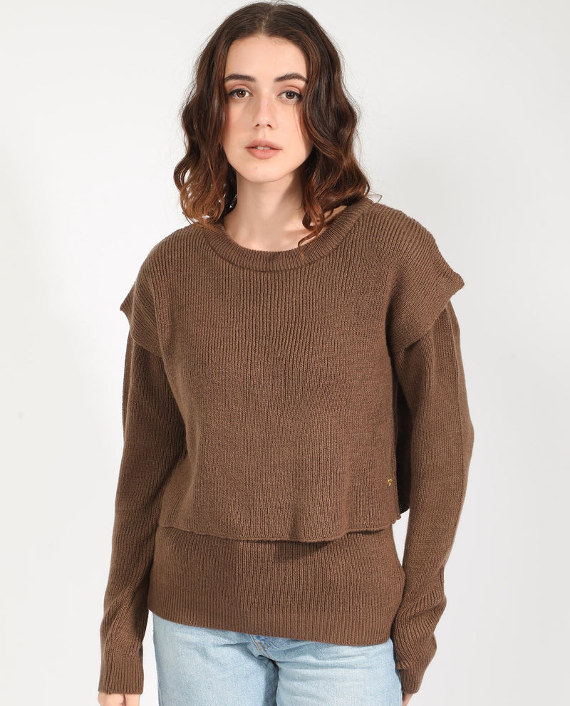 Rareism Women Tupfel Brown Acrylic Fabric Full Sleeves Round Neck Regular Fit Plain Sweater