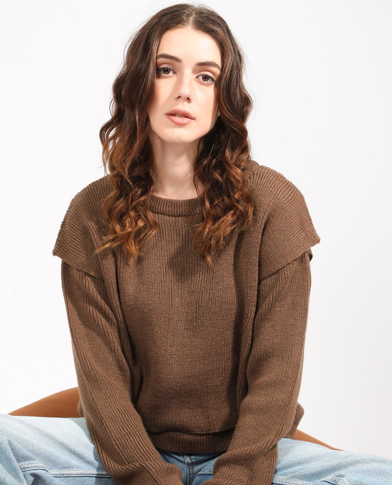 Rareism Women Tupfel Brown Acrylic Fabric Full Sleeves Round Neck Regular Fit Plain Sweater