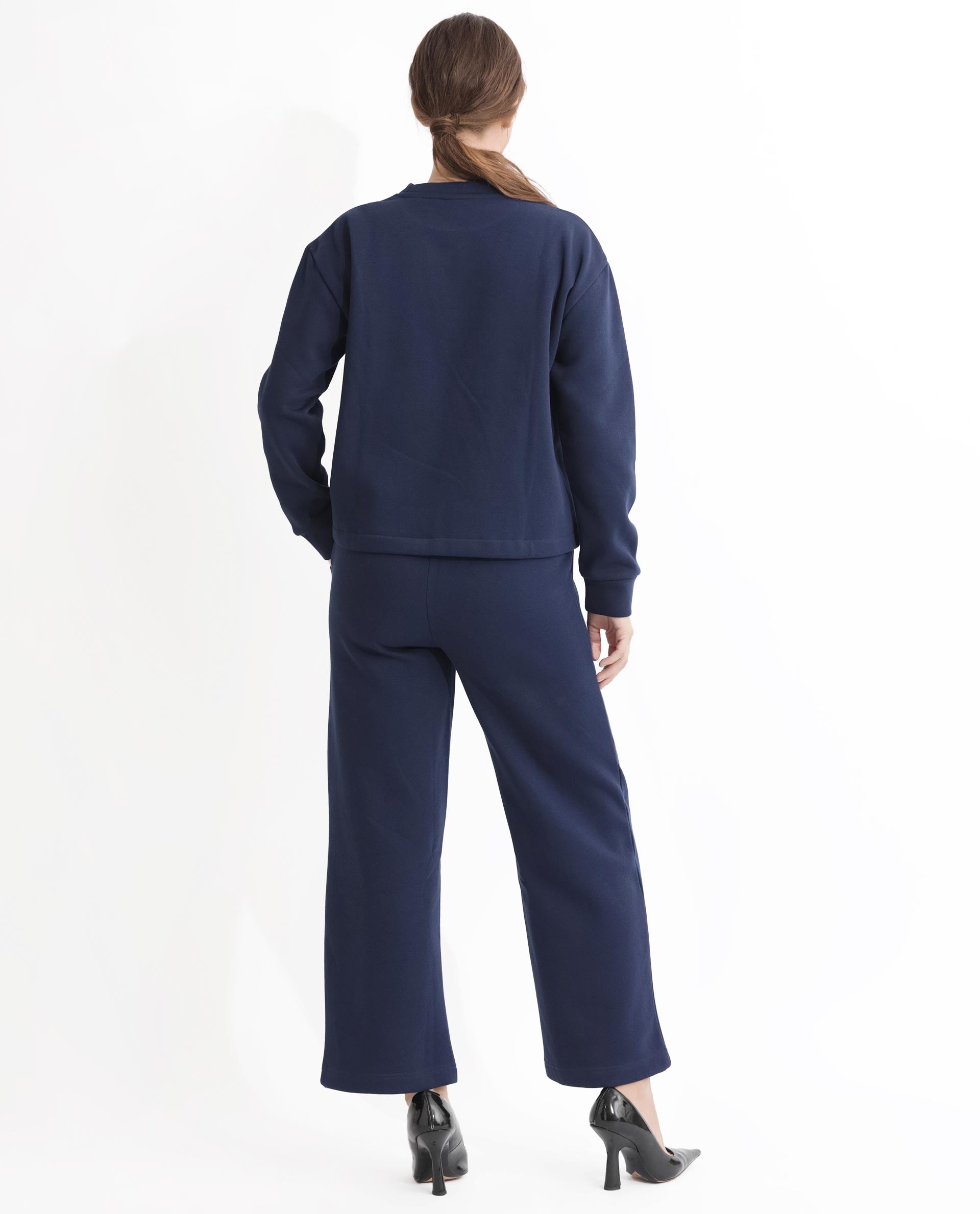 Rareism Women Tuppen Navy Poly Cotton Fabric Relaxed Fit Full Sleeves Print Round Neck Sweatshirt