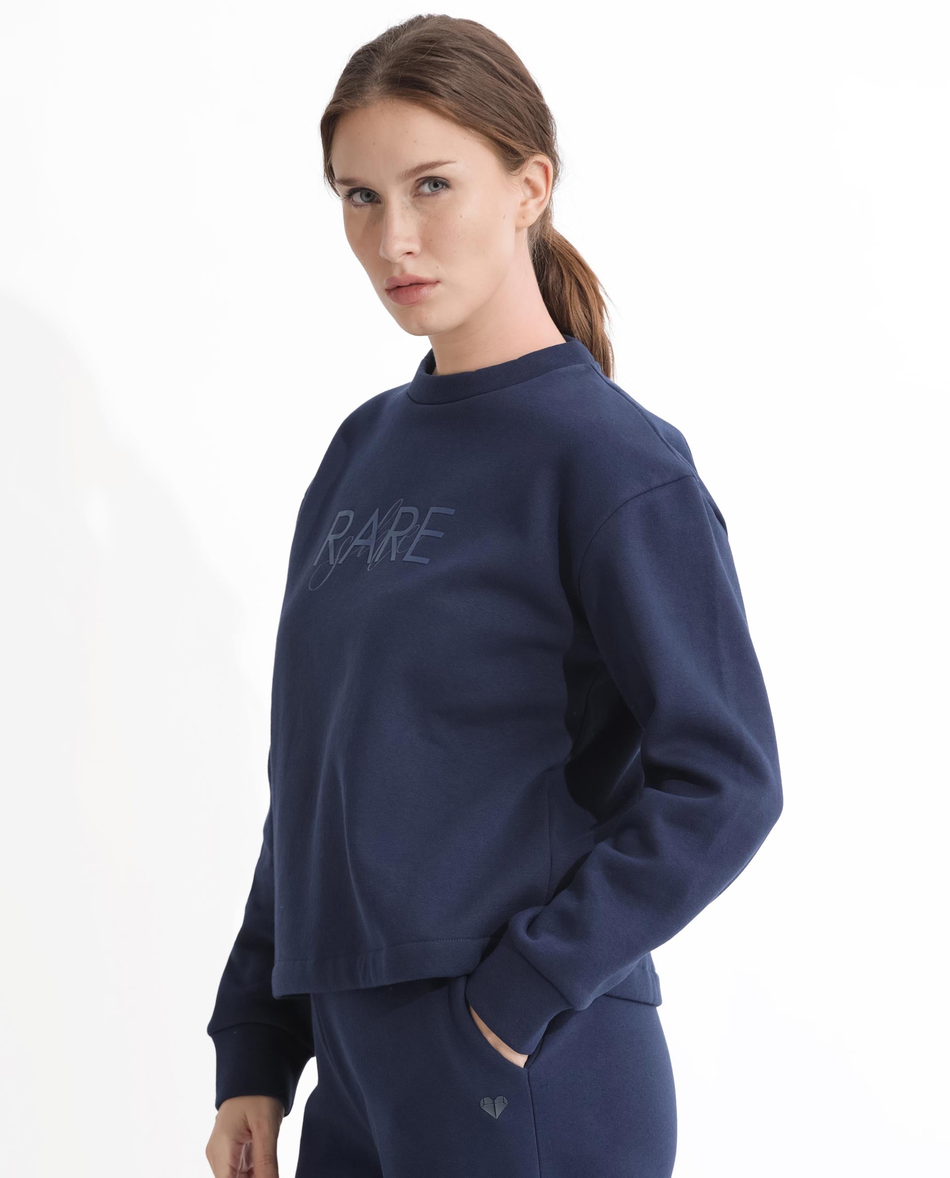 Rareism Women Tuppen Navy Poly Cotton Fabric Relaxed Fit Full Sleeves Print Round Neck Sweatshirt