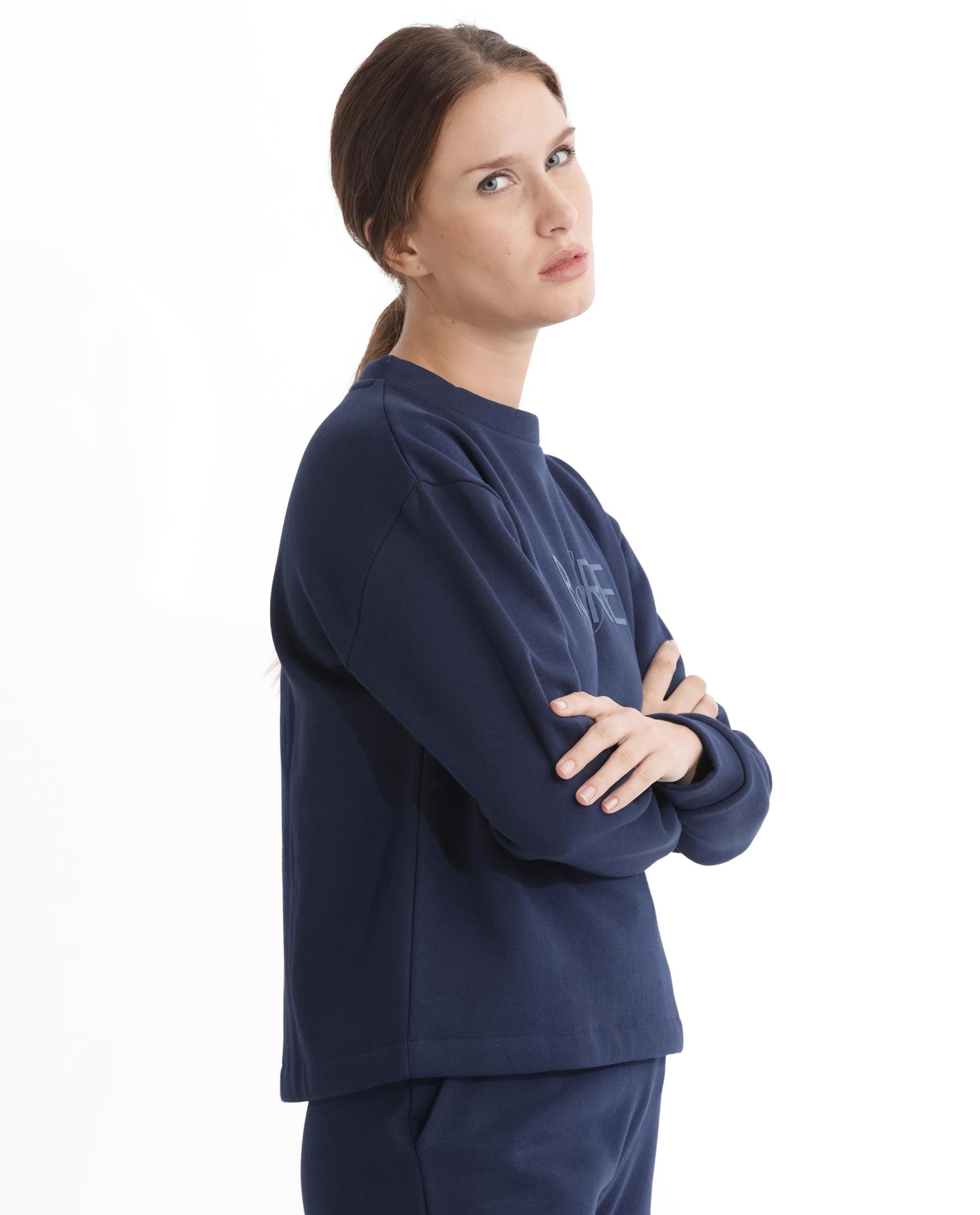 Rareism Women's Tuppen Navy Polyester Blend Crew Neck Printed Relaxed Fit Sweatshirt