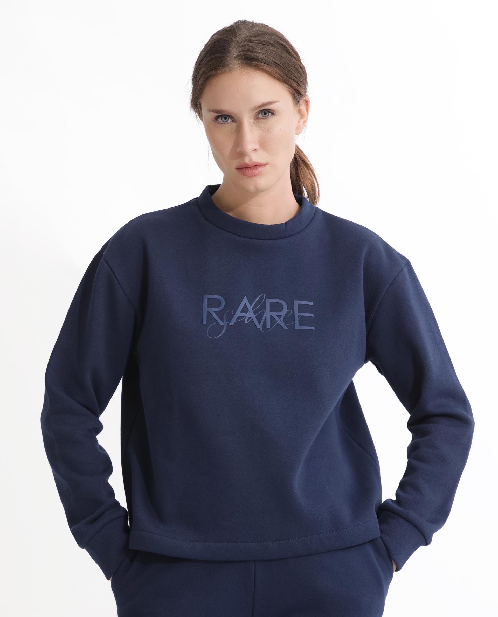 Rareism Women Tuppen Navy Poly Cotton Fabric Relaxed Fit Full Sleeves Print Round Neck Sweatshirt