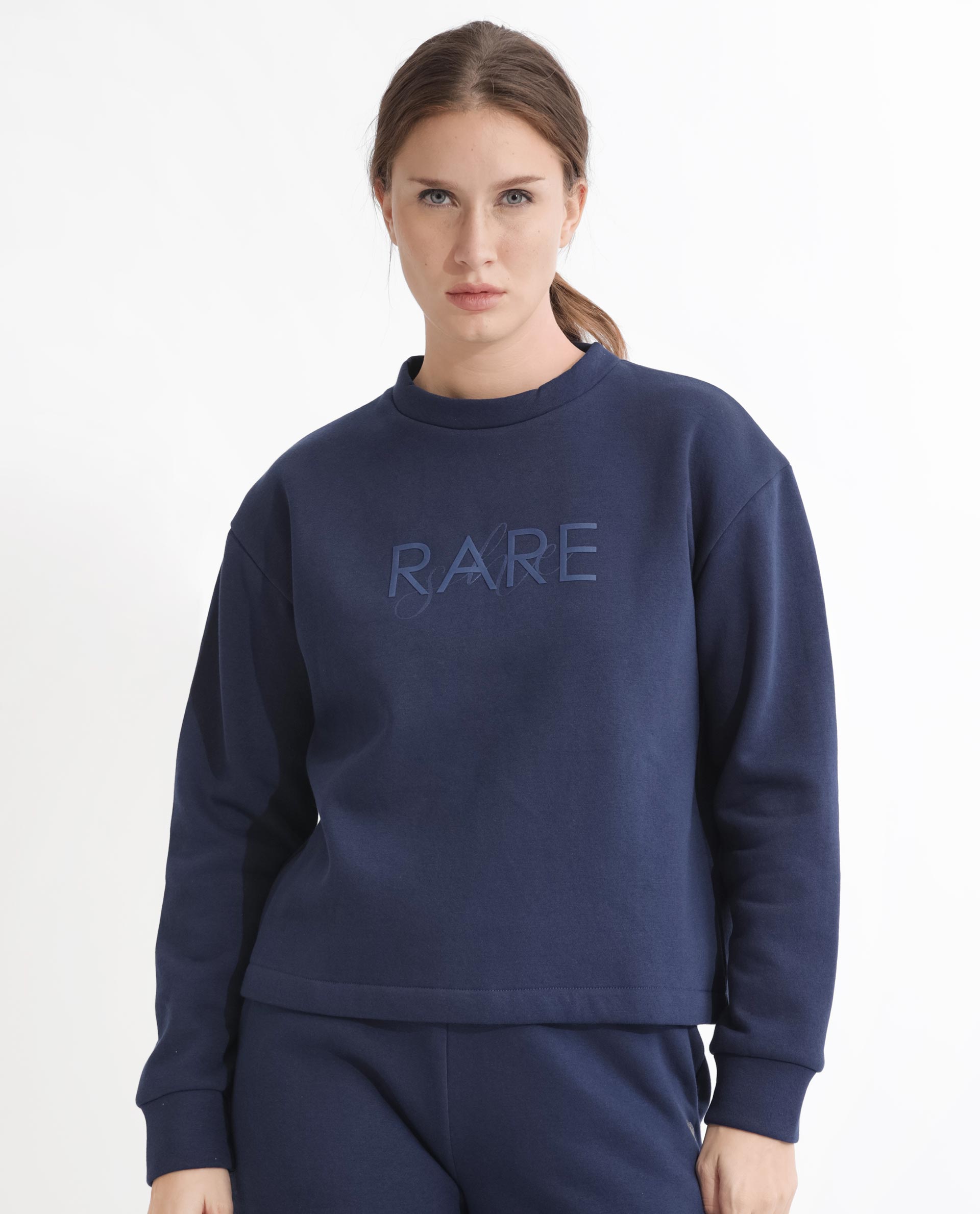 Rareism Women Tuppen Navy Poly Cotton Fabric Relaxed Fit Full Sleeves Print Round Neck Sweatshirt