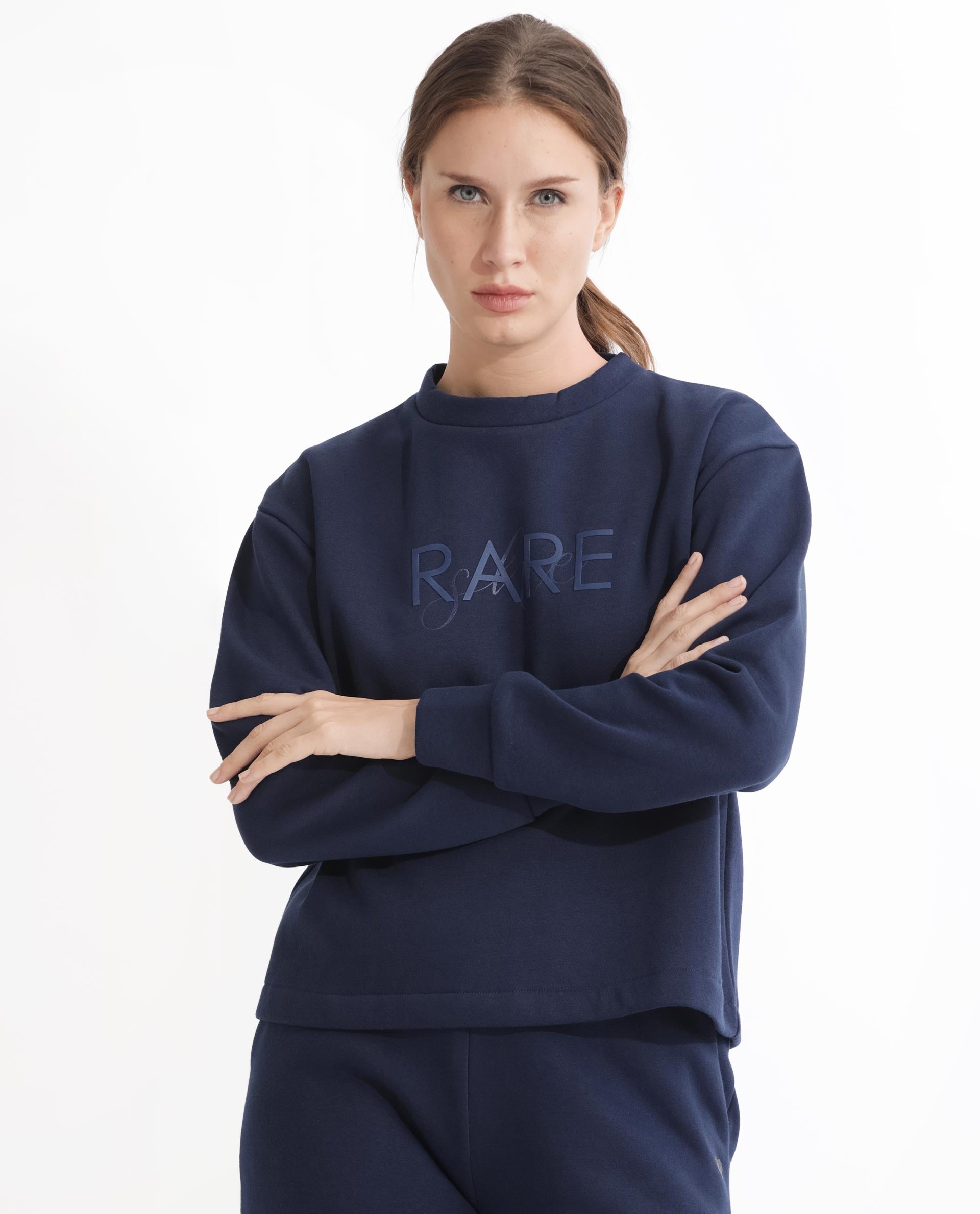 Rareism Women Tuppen Navy Poly Cotton Fabric Relaxed Fit Full Sleeves Print Round Neck Sweatshirt