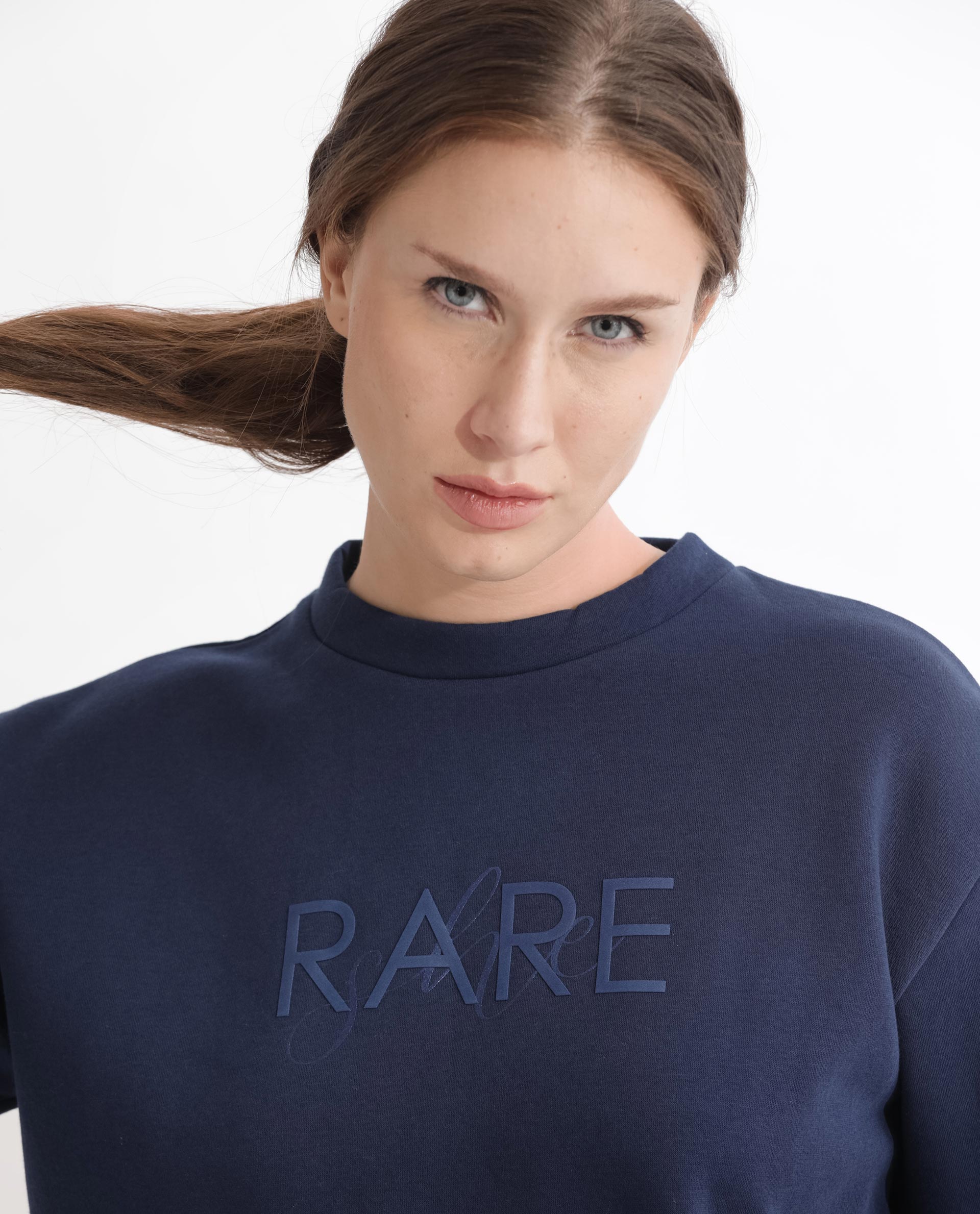 Rareism Women Tuppen Navy Poly Cotton Fabric Relaxed Fit Full Sleeves Print Round Neck Sweatshirt