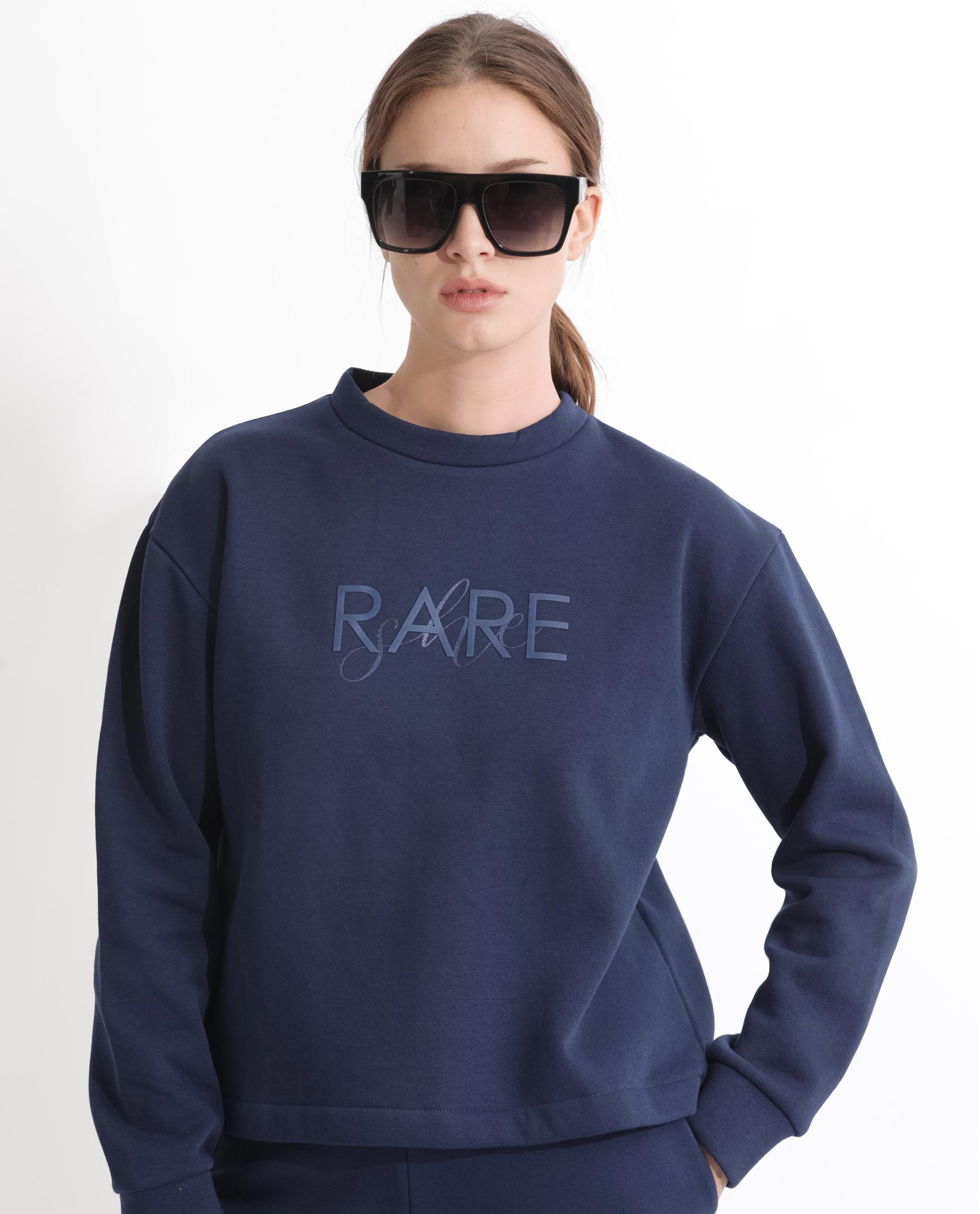 Rareism Women Tuppen Navy Poly Cotton Fabric Relaxed Fit Full Sleeves Print Round Neck Sweatshirt