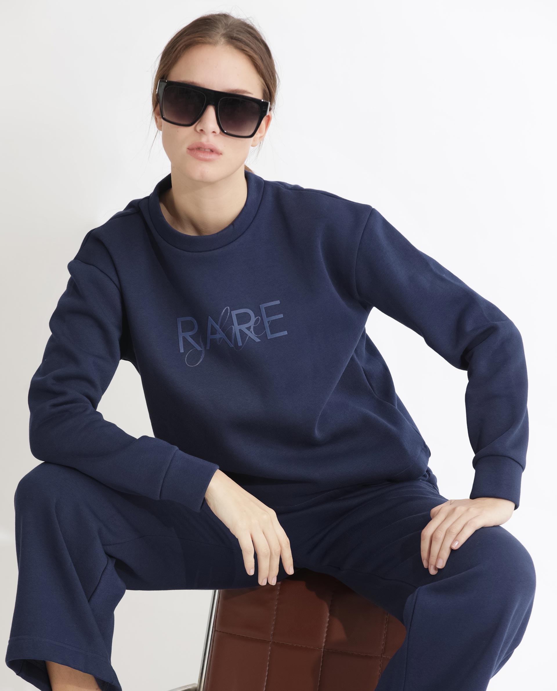 Rareism Women's Tuppen Navy Polyester Blend Crew Neck Printed Relaxed Fit Sweatshirt