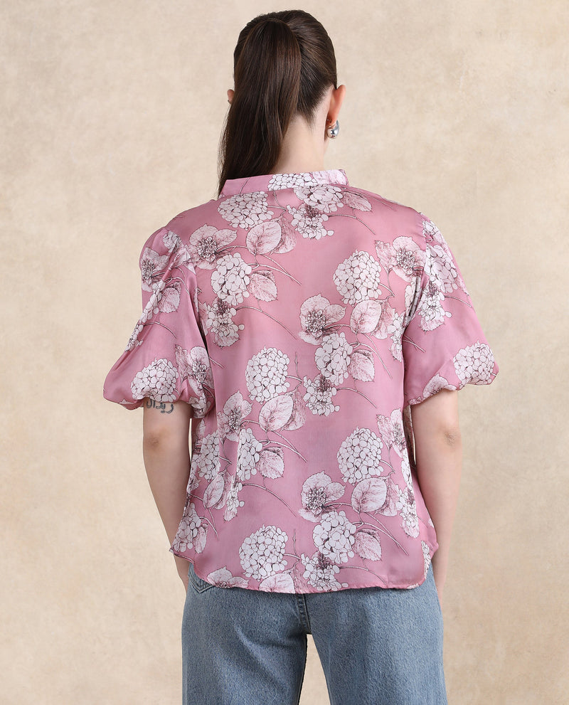 Rareism Women Turino Dusky Pink Balloon Sleeve Mandarin Neck  Floral Print Top