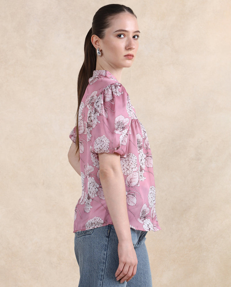 Rareism Women Turino Dusky Pink Balloon Sleeve Mandarin Neck  Floral Print Top