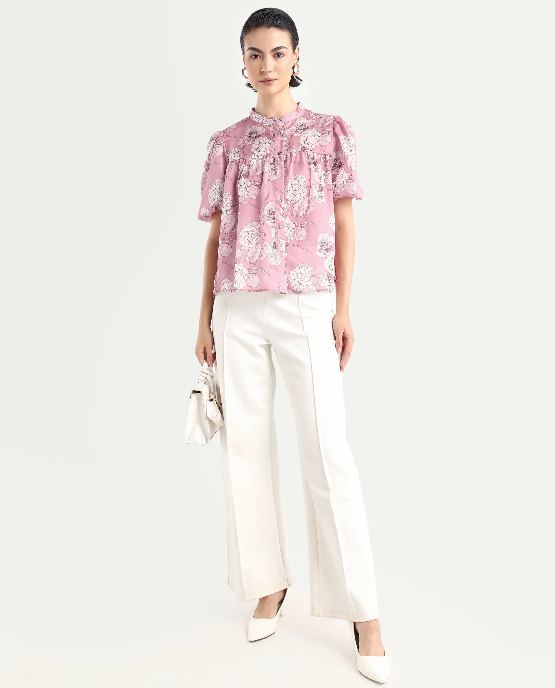 Rareism Women's Turino Dusky Pink Polyester Mandarin Collar Floral Print Balloon Sleeve Regular Fit Top